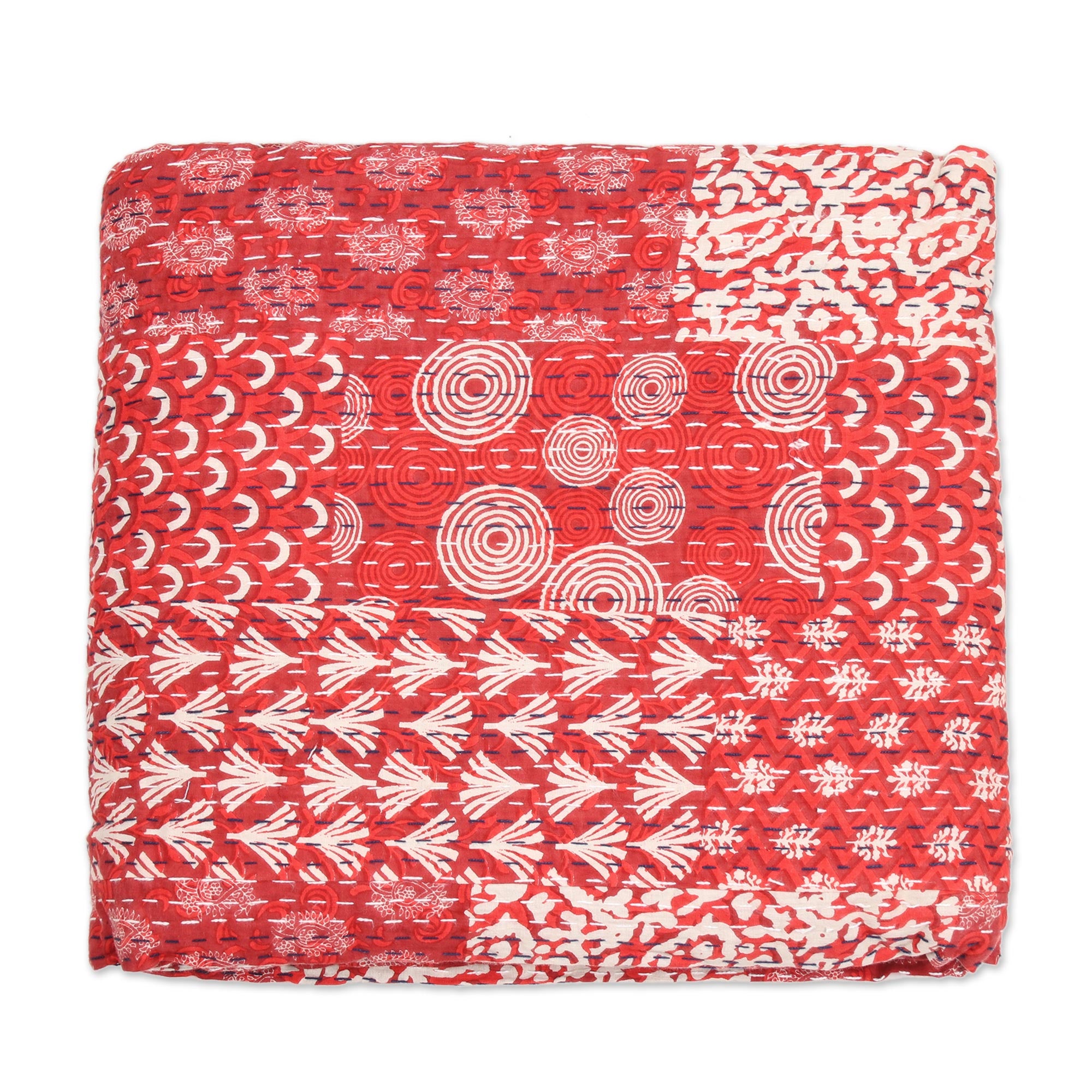 Premium Red Kantha Stitch Cotton Bedding Set – Ultimate Comfort from India (3 Pcs)
