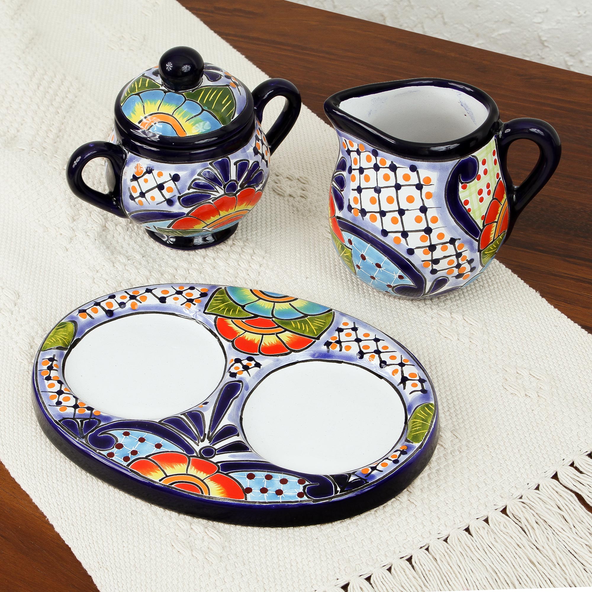 Premium Raining Flowers Talavera Ceramic Set – Handcrafted Creamer & Sugar Bowl with Tray