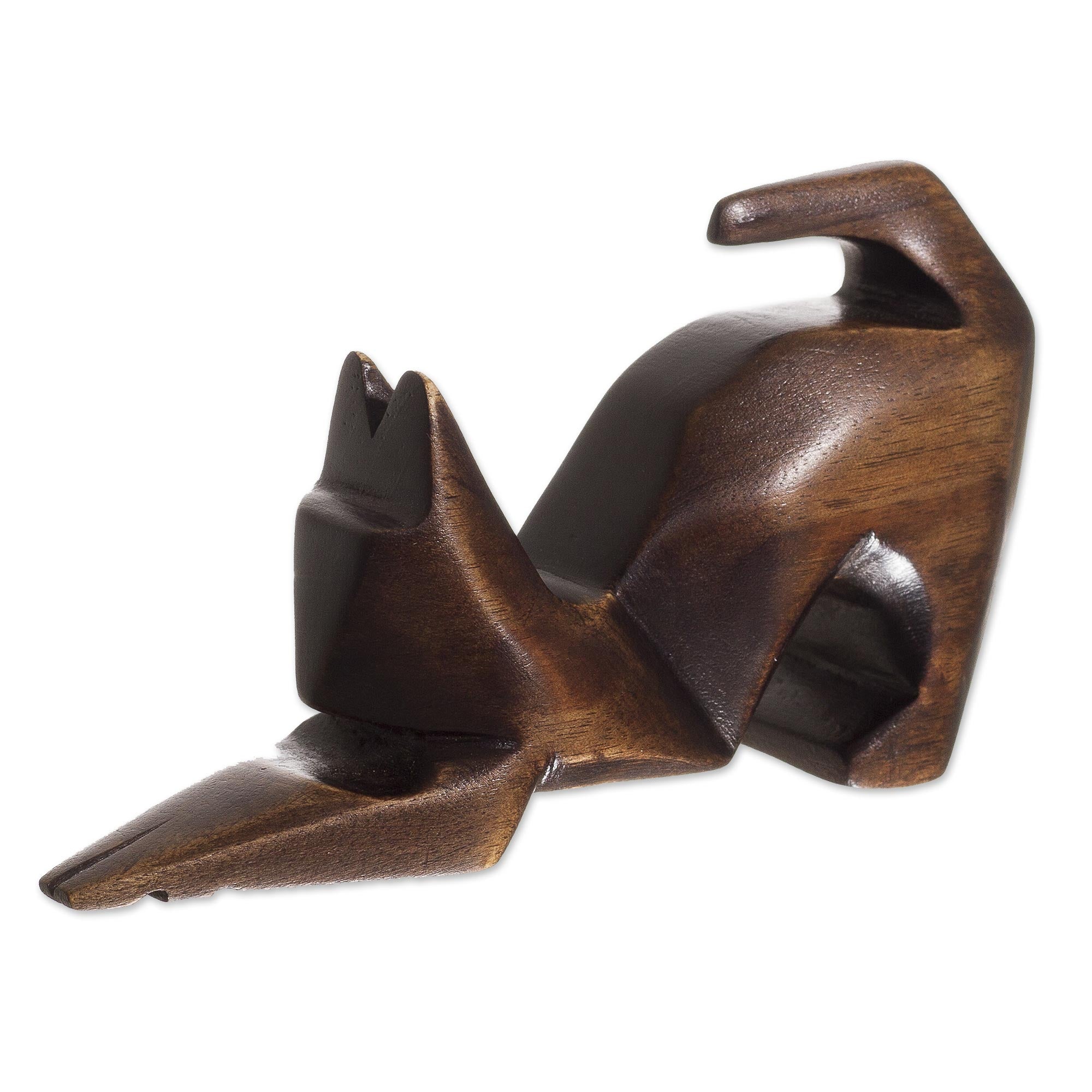 Premium Hand-Carved Cedar Wood Cat Sculpture – Minimalist Art from Peru