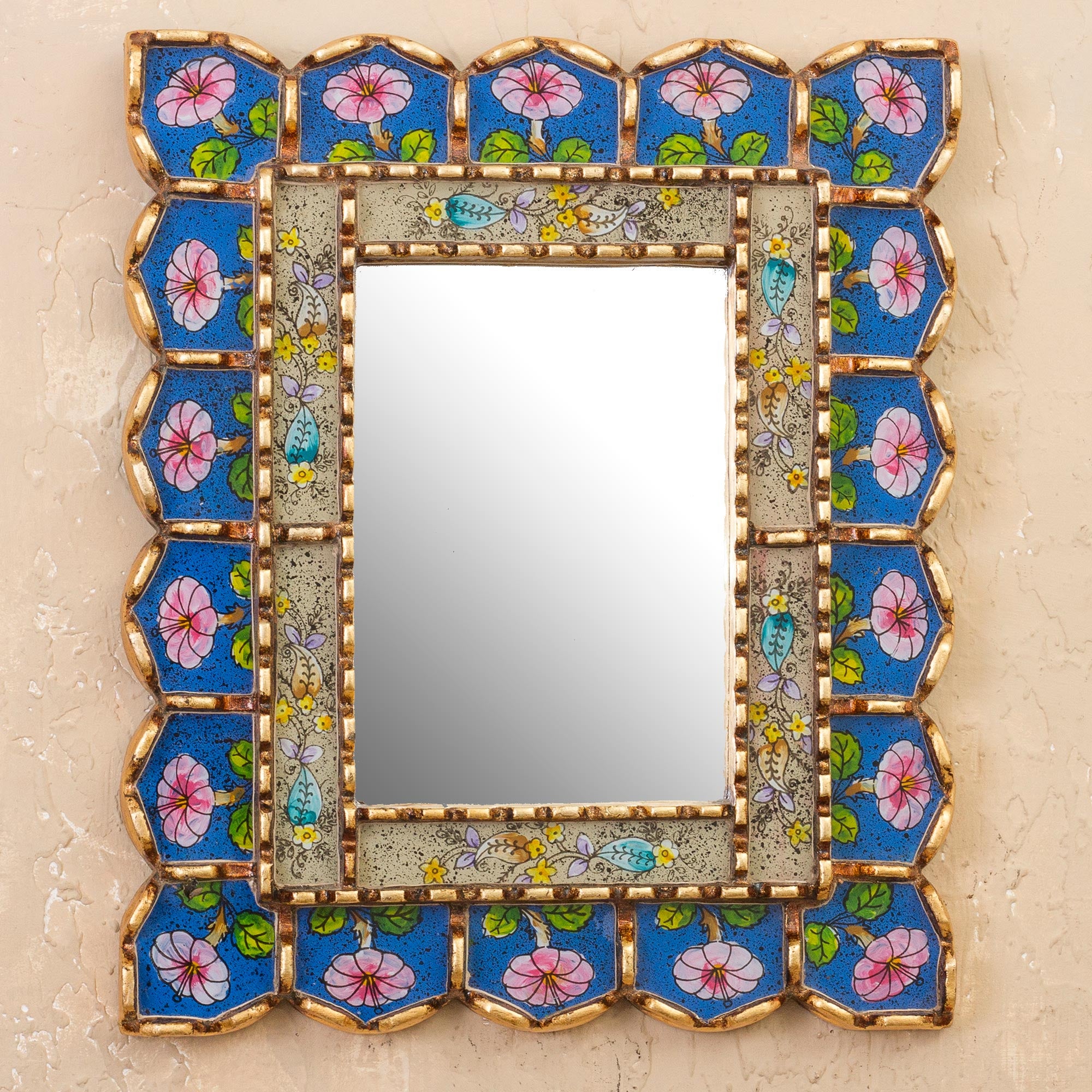 Premium Colonial Reverse-Painted Glass Wall Mirror with Floral Motif