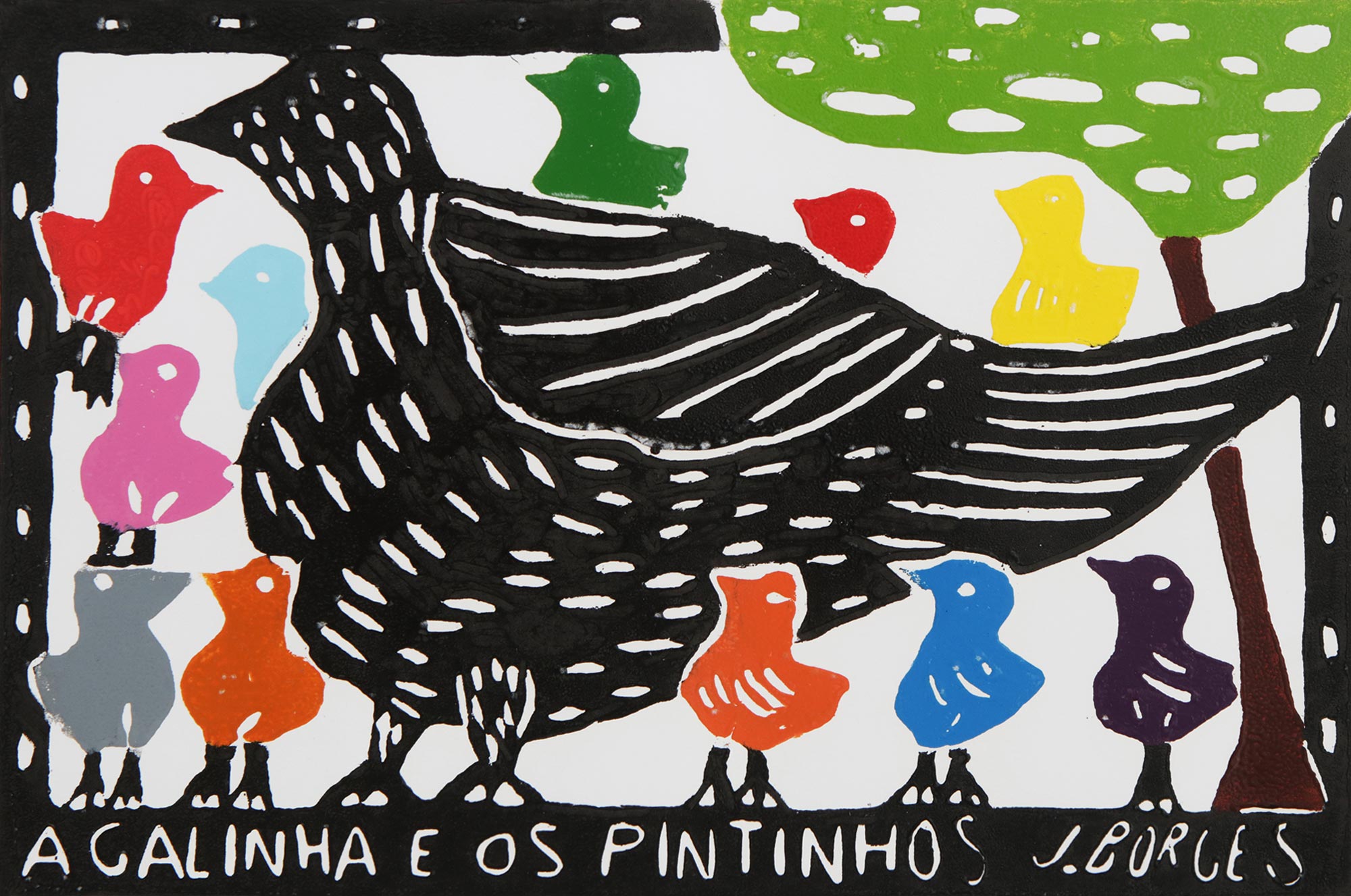 Premium Handcrafted Woodcut Print: The Hen and Her Chicks by J. Borges