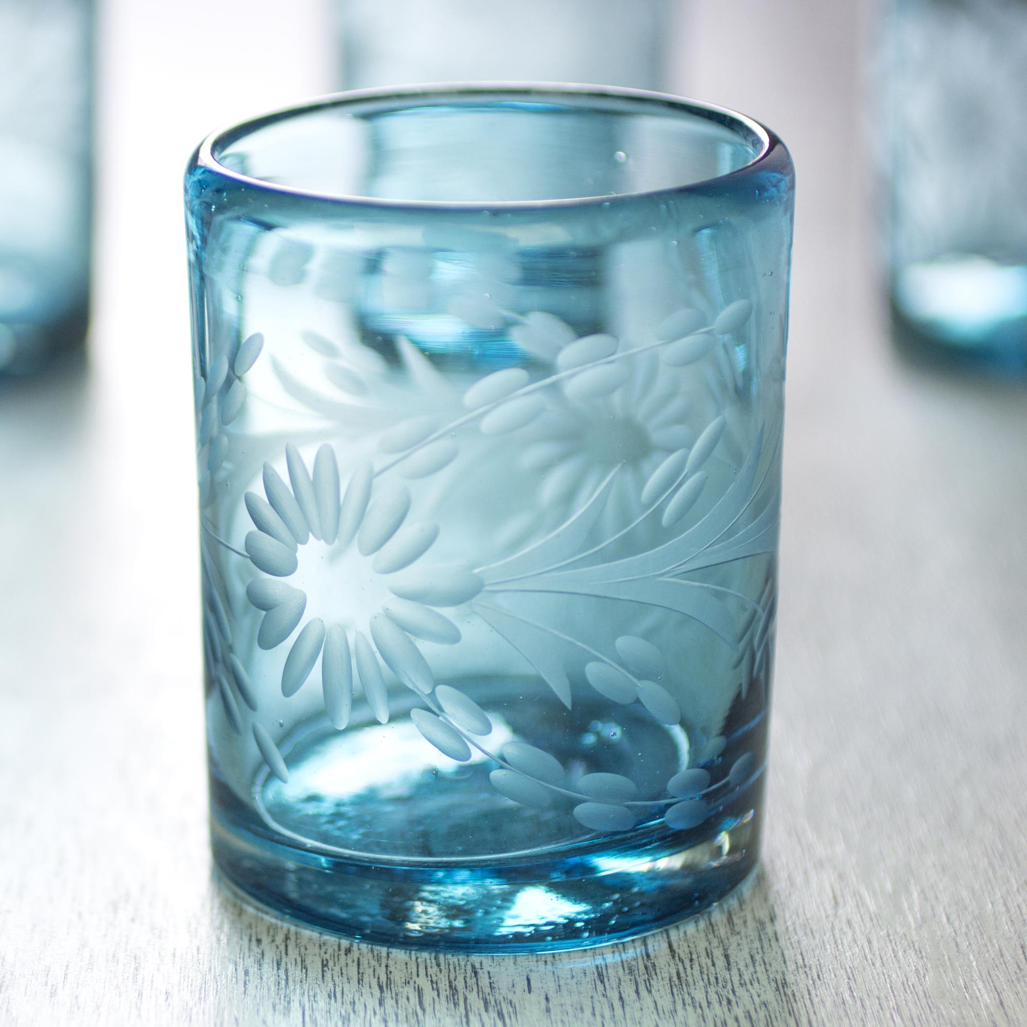 Premium Aquamarine Sunflower Engraved Hand-Blown Rocks Glass Set of 6 - Ultimate Craftsmanship