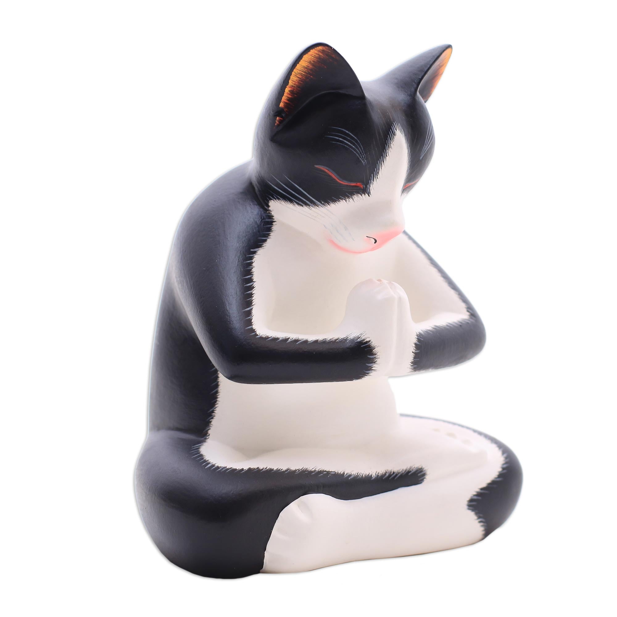 Premium Meditating Tuxedo Cat Wood Sculpture - Handcrafted in Bali