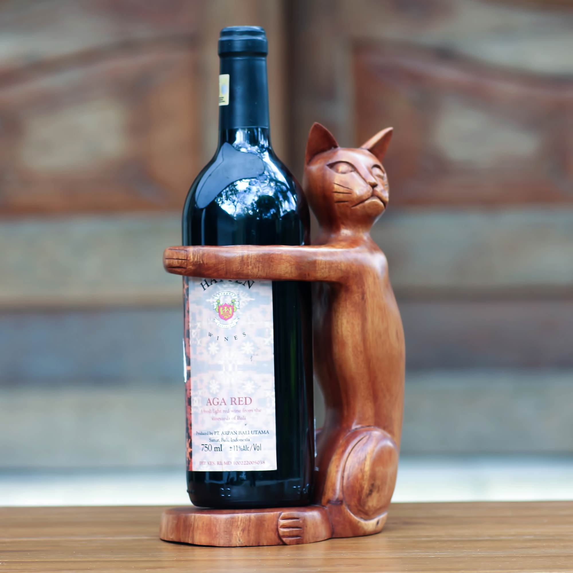 Premium Wooden Cat Wine Bottle Holder - Handcrafted Feline Design