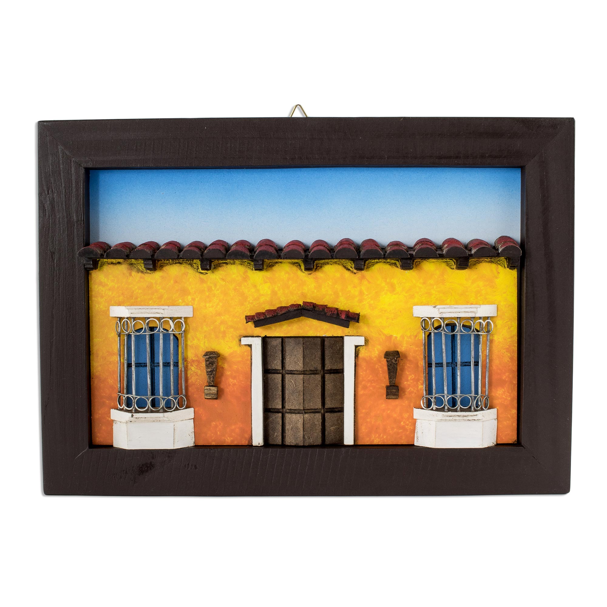 Premium Salvadoran Handcrafted Wooden House Facade Diorama - Yellow & Red