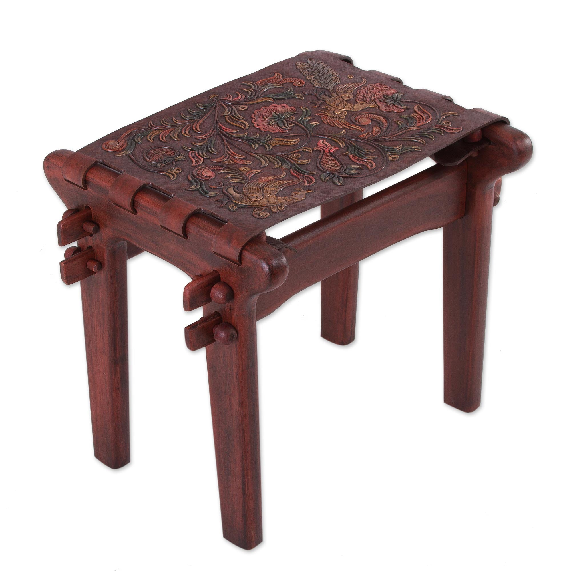 Premium Andean Paradise Leather & Wood Stool with Handcrafted Floral Embossing