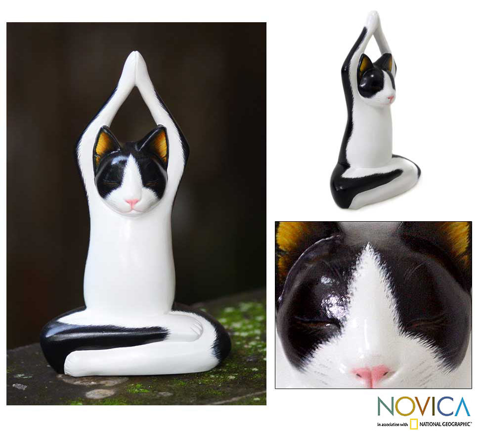 Premium Yoga Tuxedo Cat Wood Sculpture - Handcrafted Art Piece