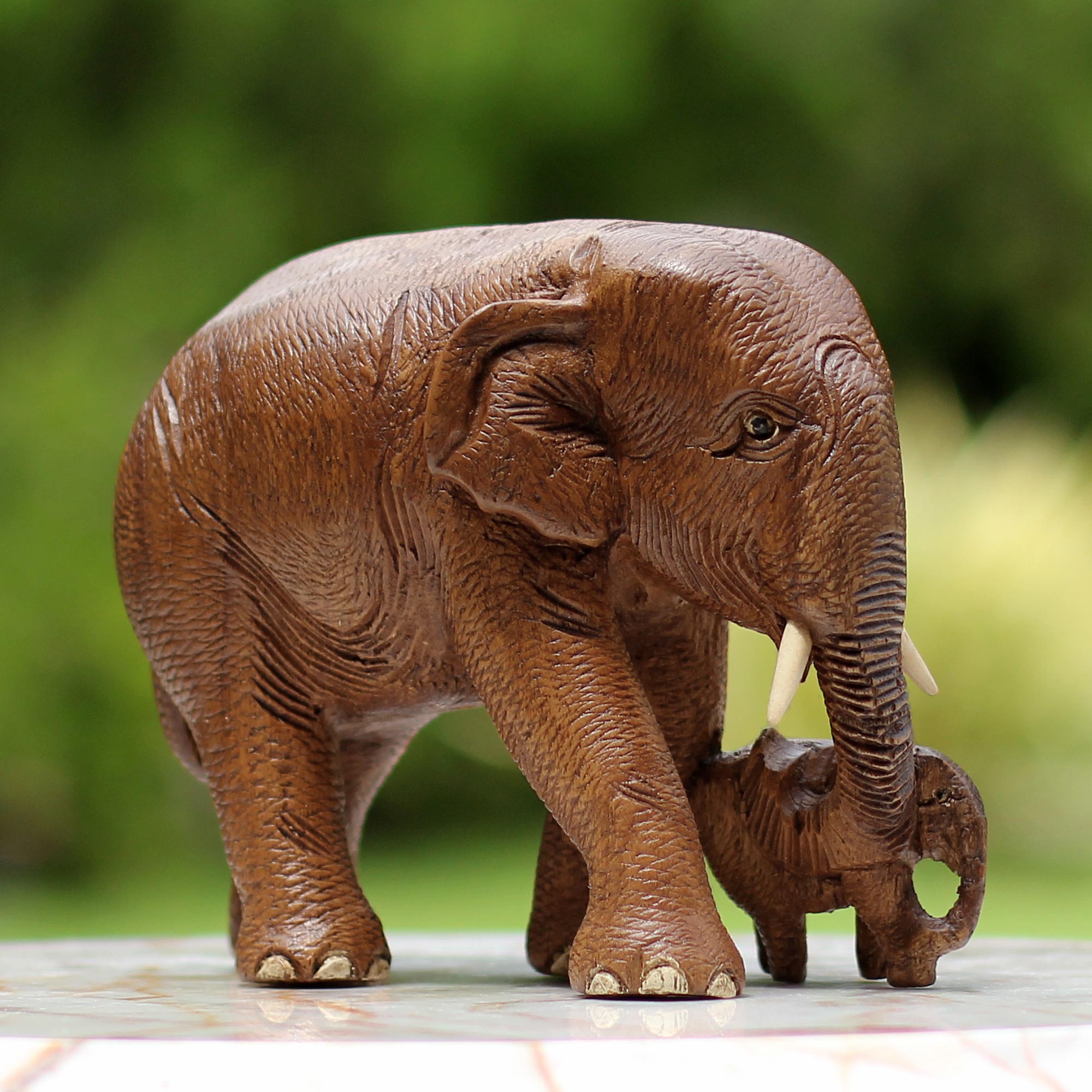 Premium Teak Wood Sculpture: Mother and Child Thai Elephants - Handcrafted in Brown