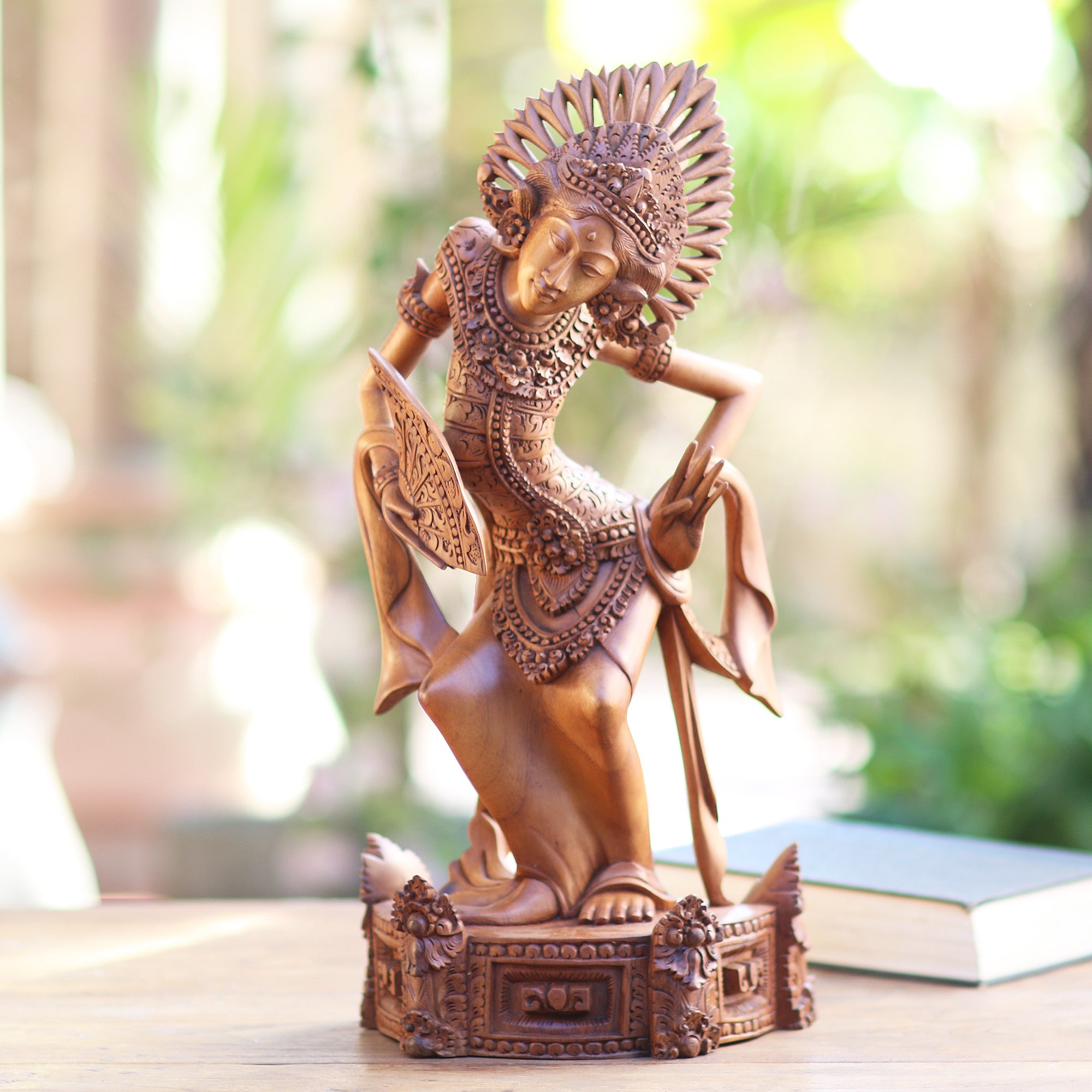 Premium Hand-Carved Suar Wood Janger Dancer Sculpture - Exquisite Balinese Art