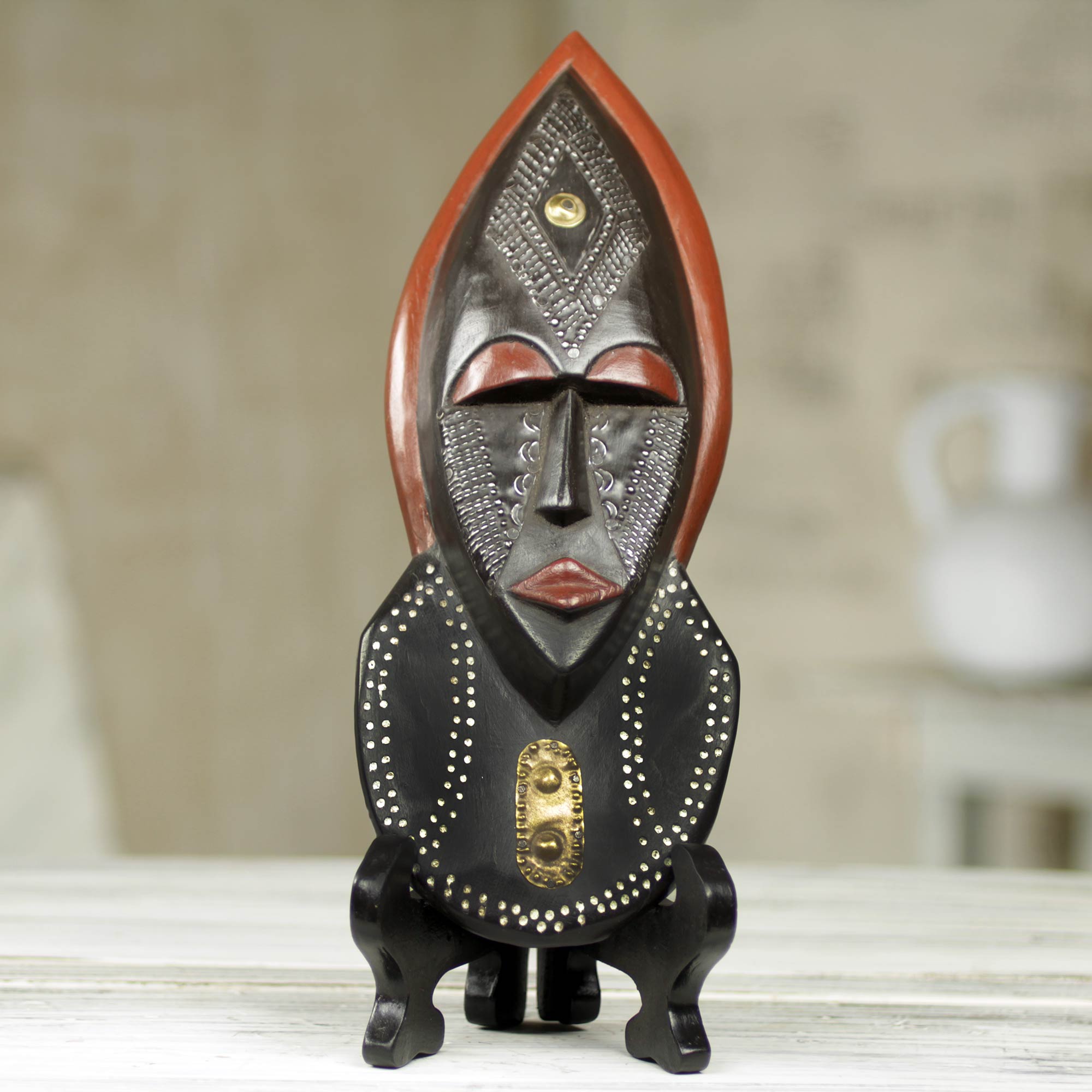 Premium Ntoboase III African Patience Wood Mask with Stand | Handcrafted Artisan Decor