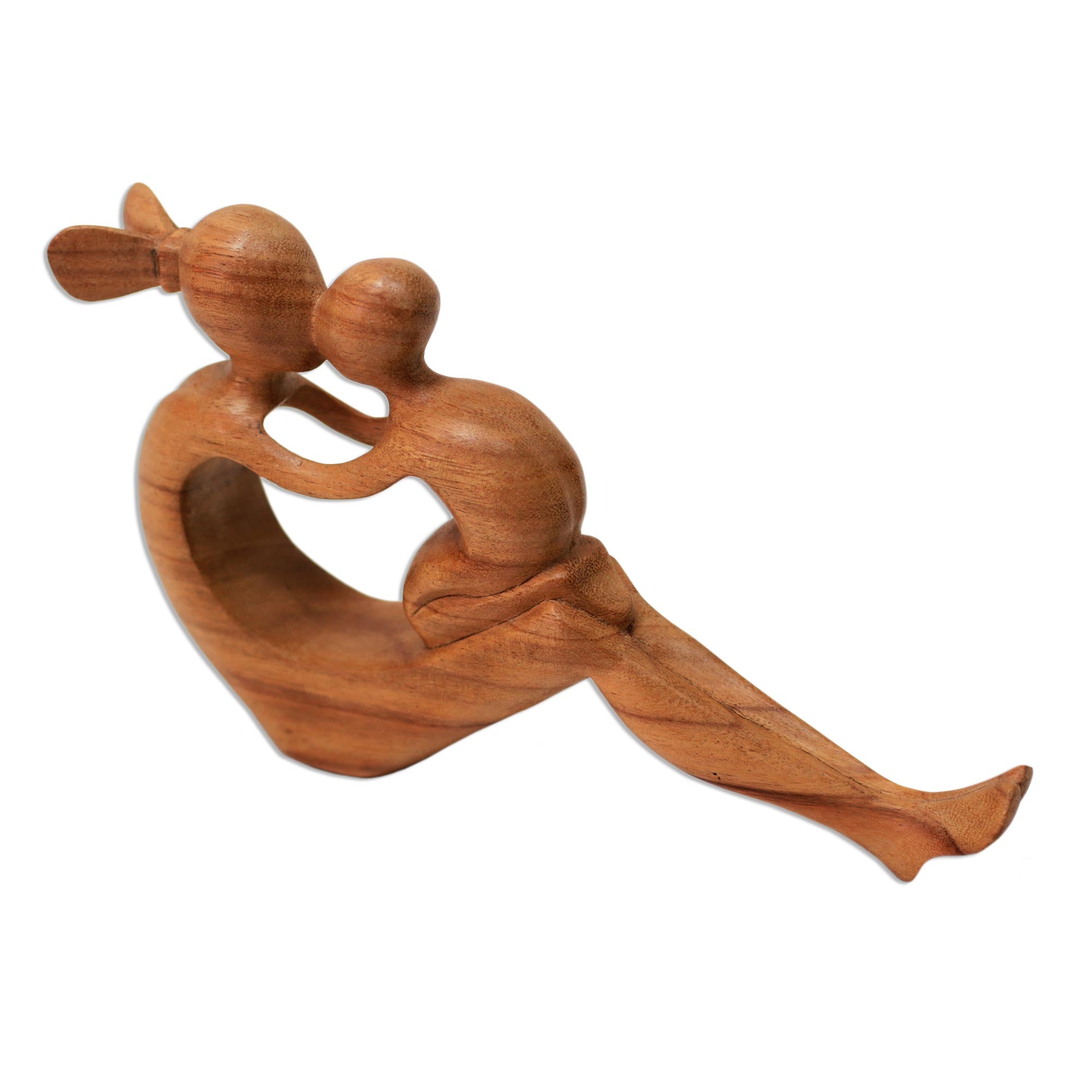 Premium Hand-Carved Mother & Child Suar Wood Sculpture - Natural Grain, Signed by Balinese Artist