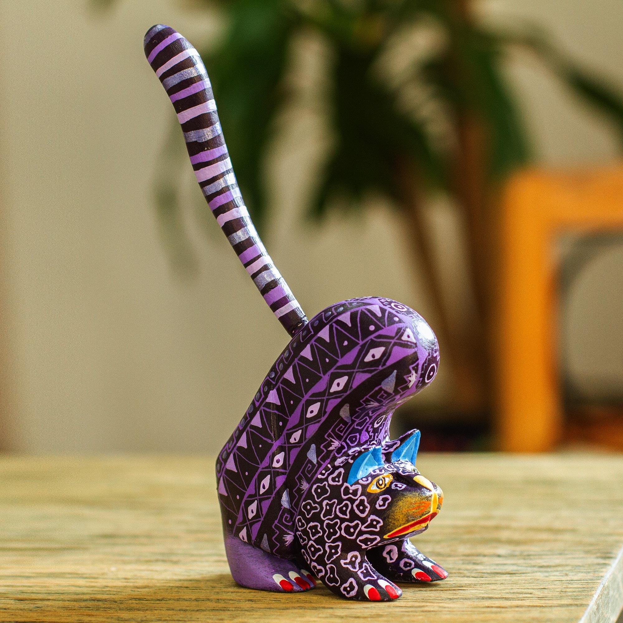 Premium Hand-Painted Purple Alebrije Cat Figurine - Authentic Mexican Folk Art