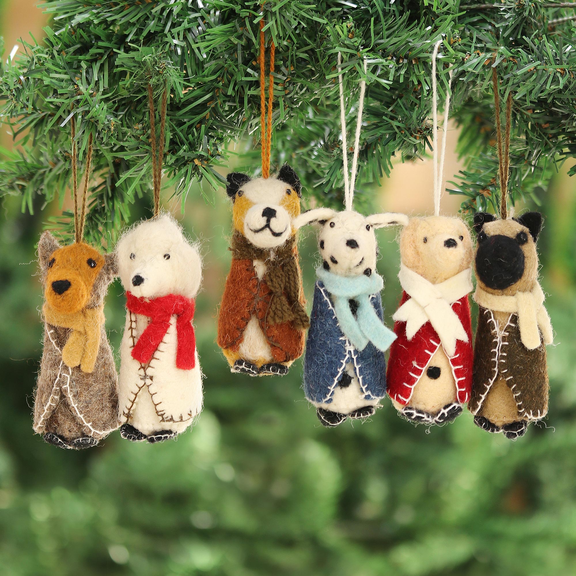 Premium Festive Pups Embroidered Wool Dog Ornaments - Handcrafted Set of 6 from India