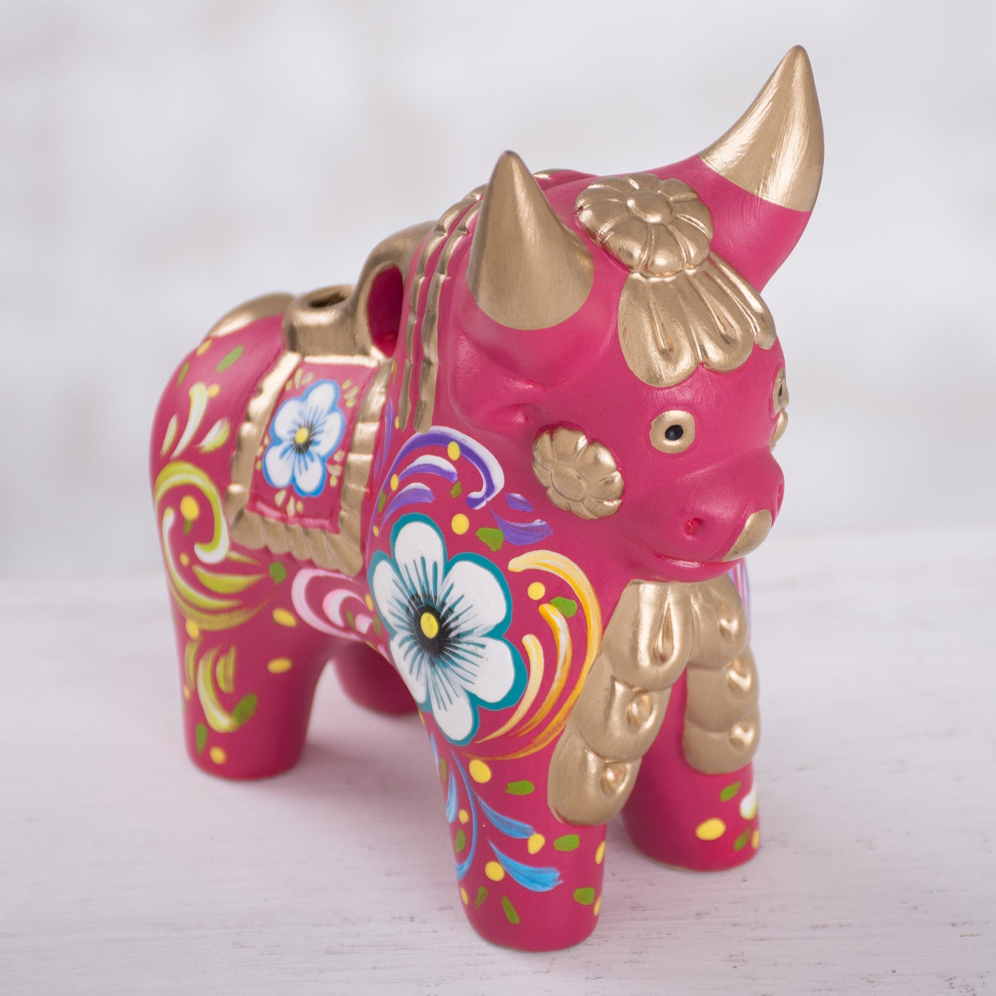 Premium Hand-Painted Ceramic Bull Statue - Fuchsia & Multi-Color Floral Design from Peru