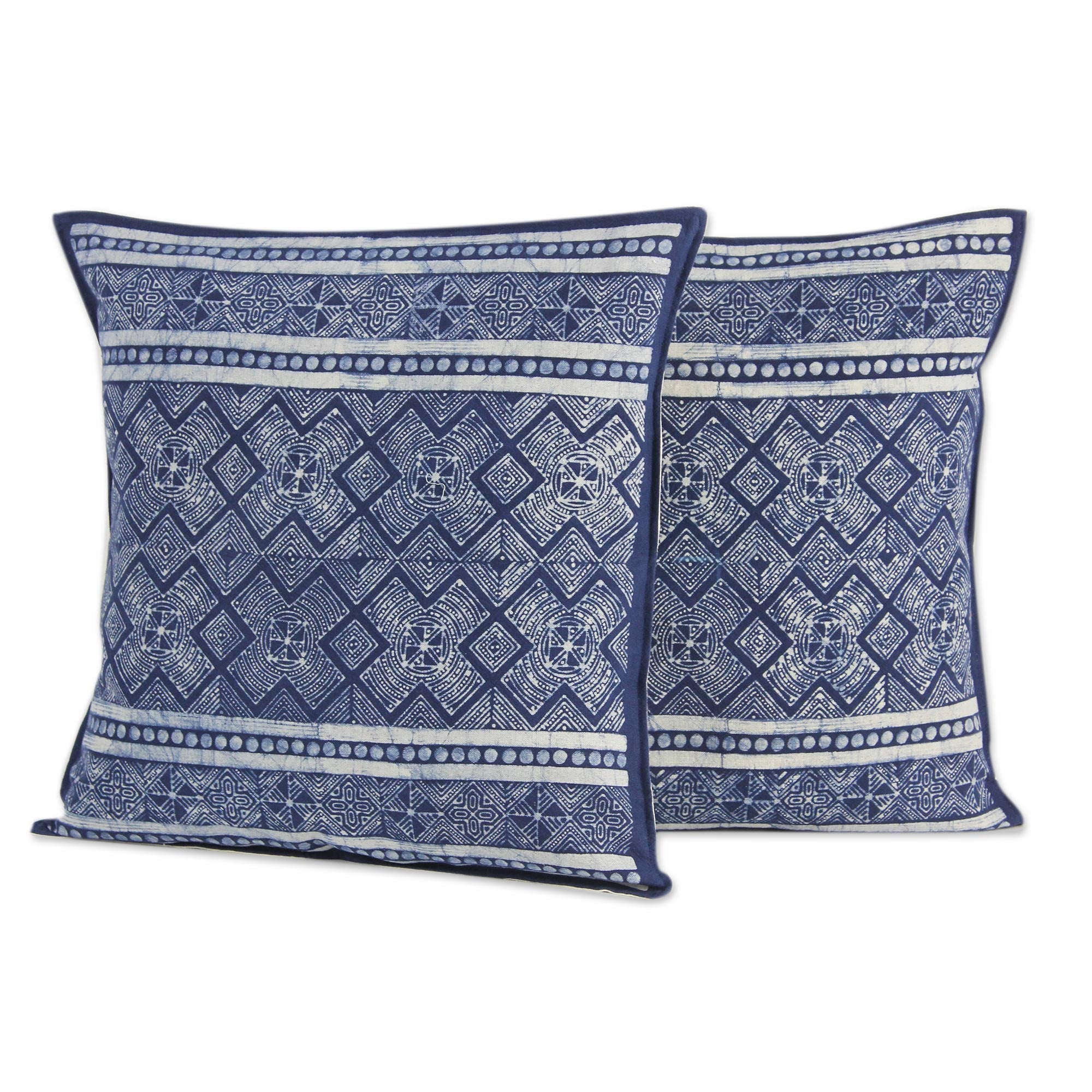 Premium Hmong Energy Thai Artisan Blue Batik Cotton Pillow Covers (Pair) - Handcrafted Home Decor