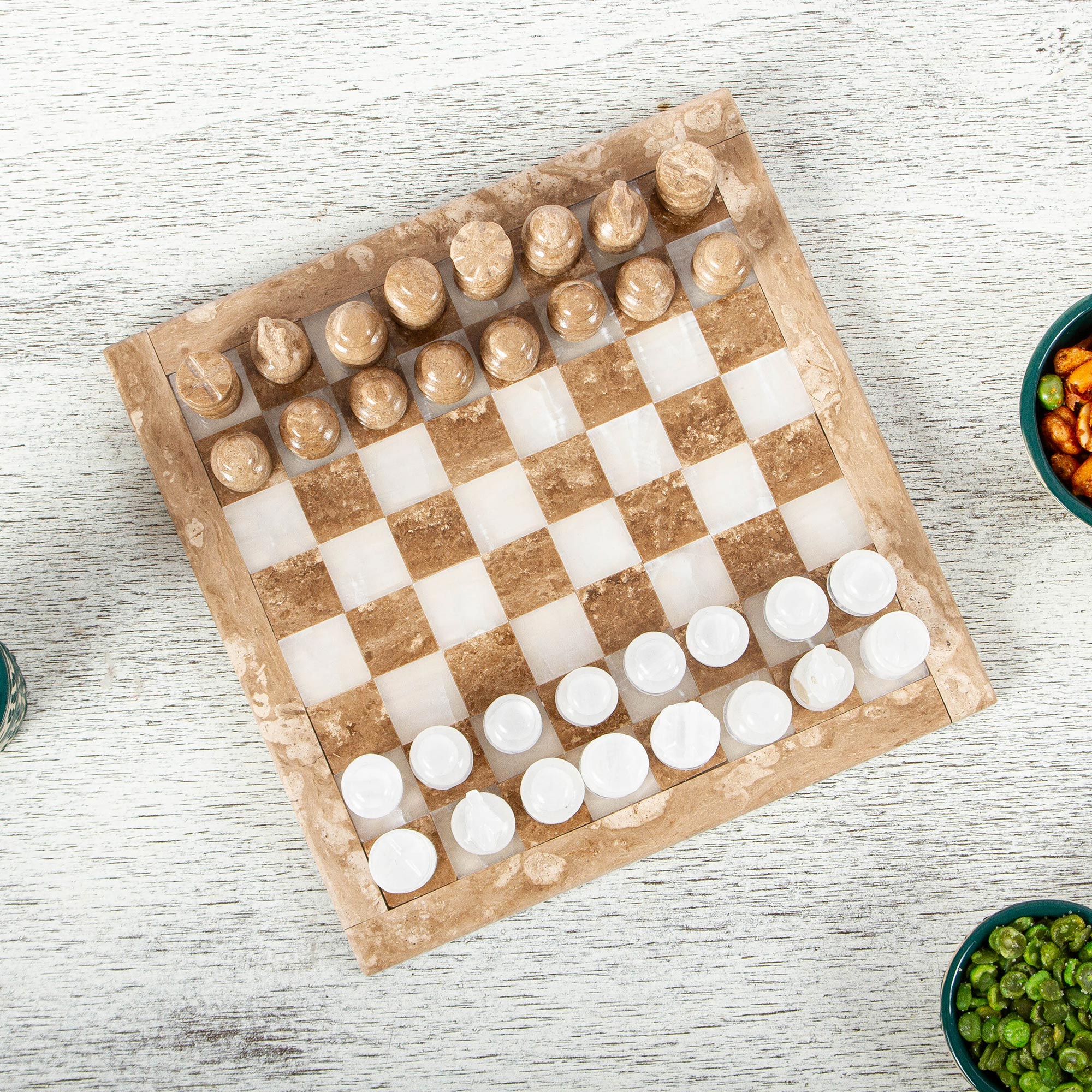 Premium Brown & White Onyx and Marble Chess Set - Handcrafted 7.5 in. Board
