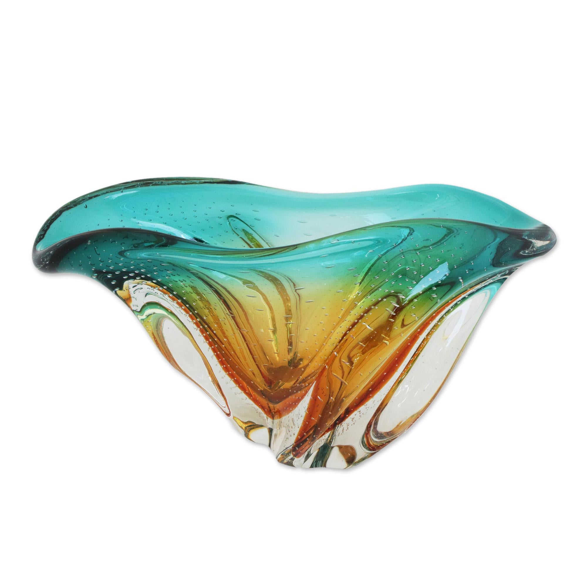 Premium Murano-Style Hand-Blown Glass Bowl in Amber & Blue - Unique Brazilian Artistry