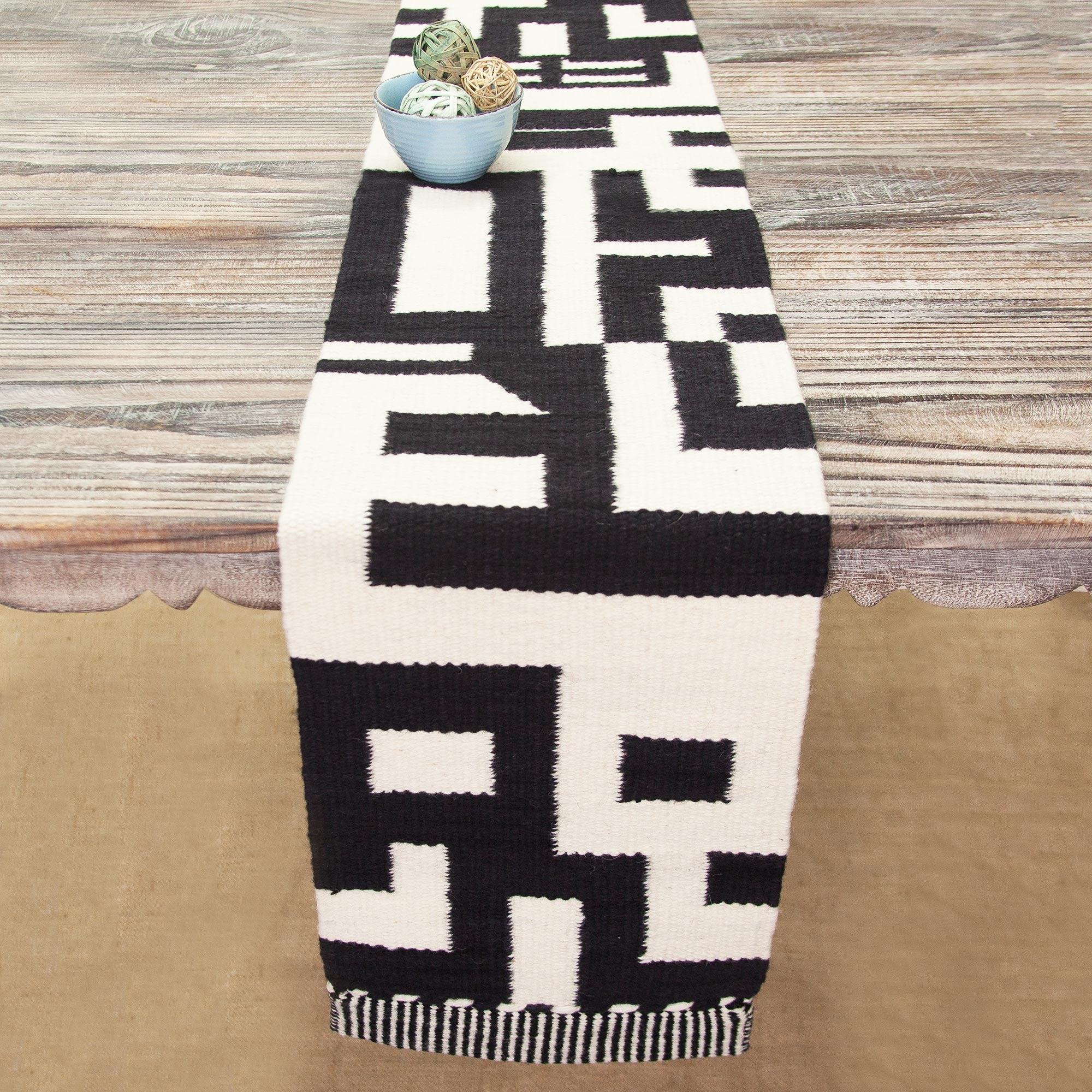 Premium Abstract Black & Alabaster Wool Table Runner – Handcrafted in Peru