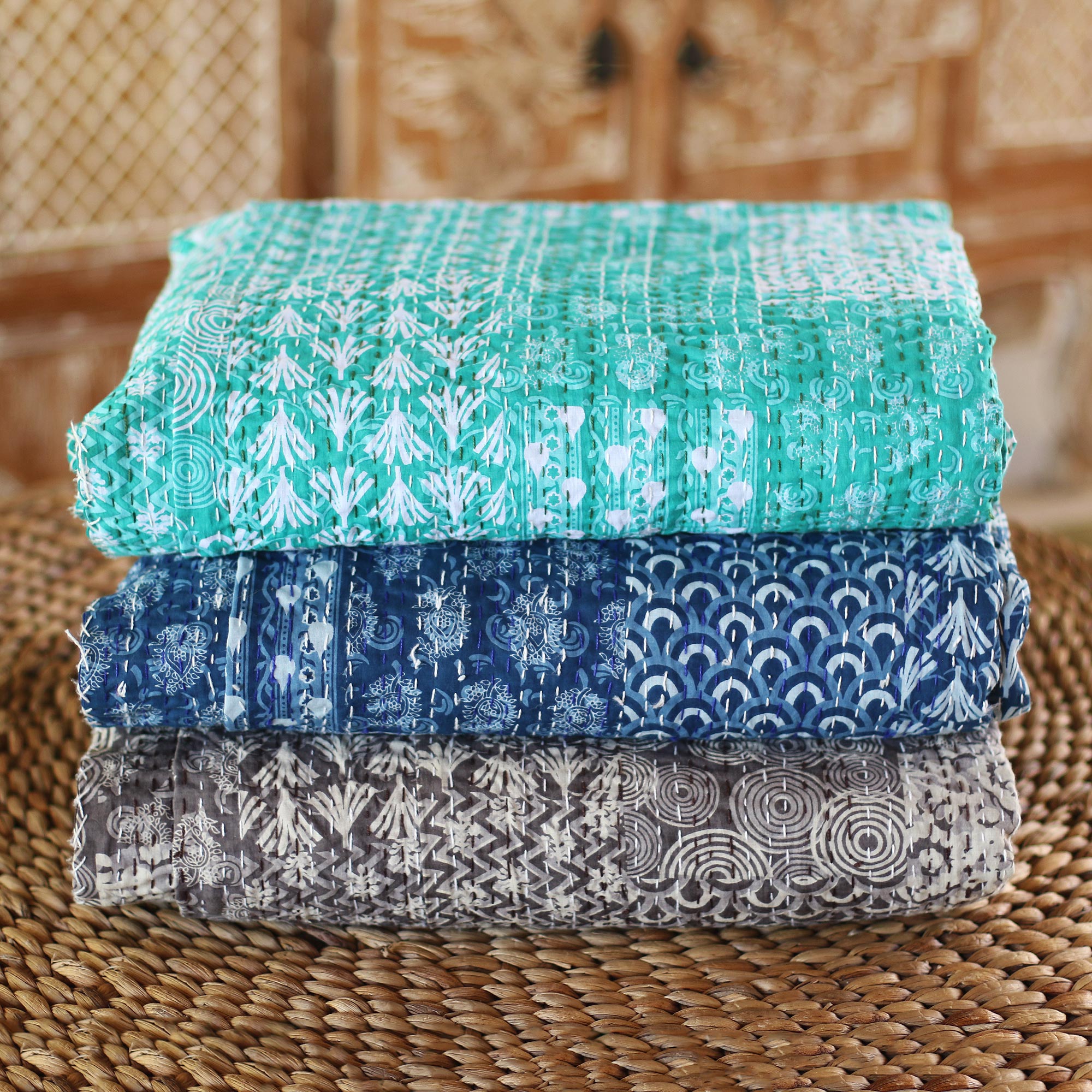 Premium Turquoise Kantha Cotton Bedspread Set with Seaglass Accents (3-Piece)