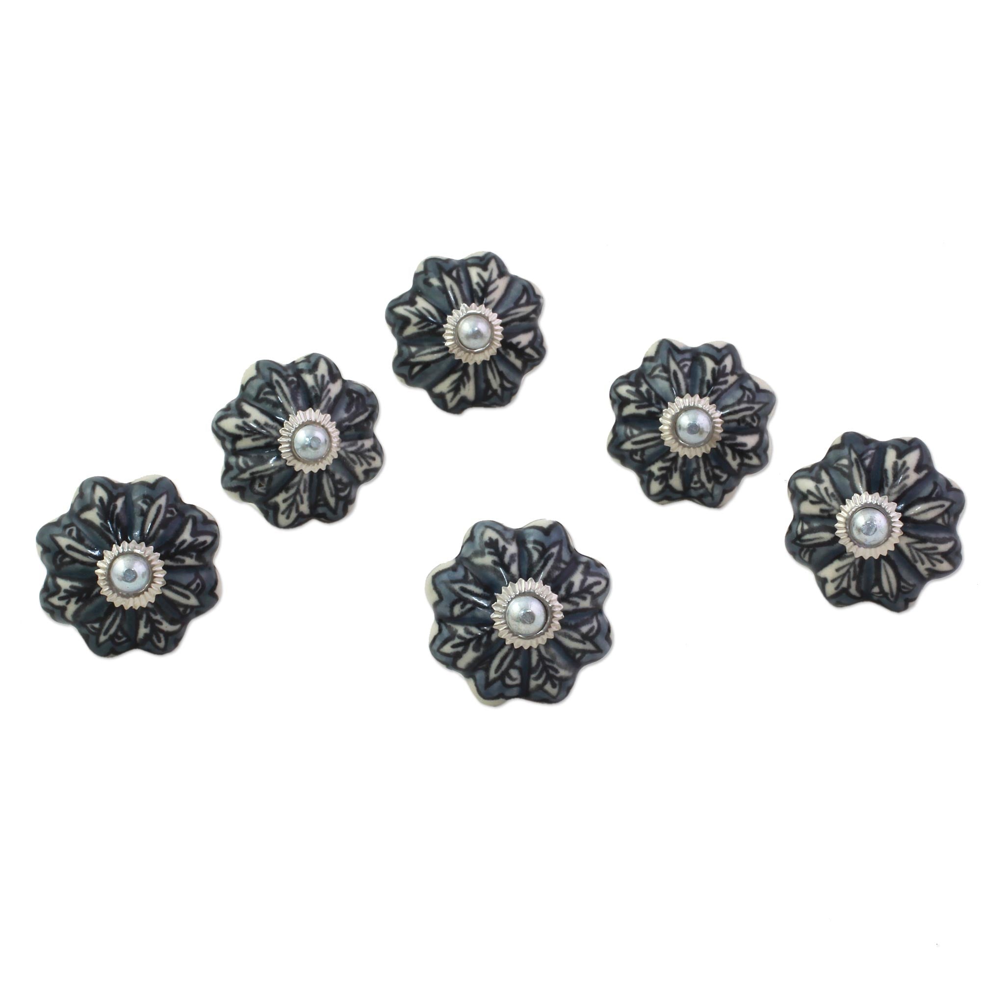 Premium Floral Grey Ceramic Cabinet Knobs – Handcrafted Set of 6