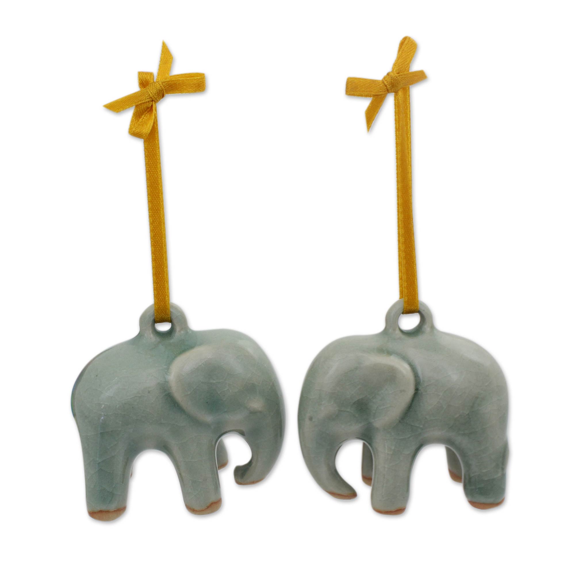 Premium Light Blue Elephant Celadon Ceramic Ornaments – Crackled Green Finish (Pair)