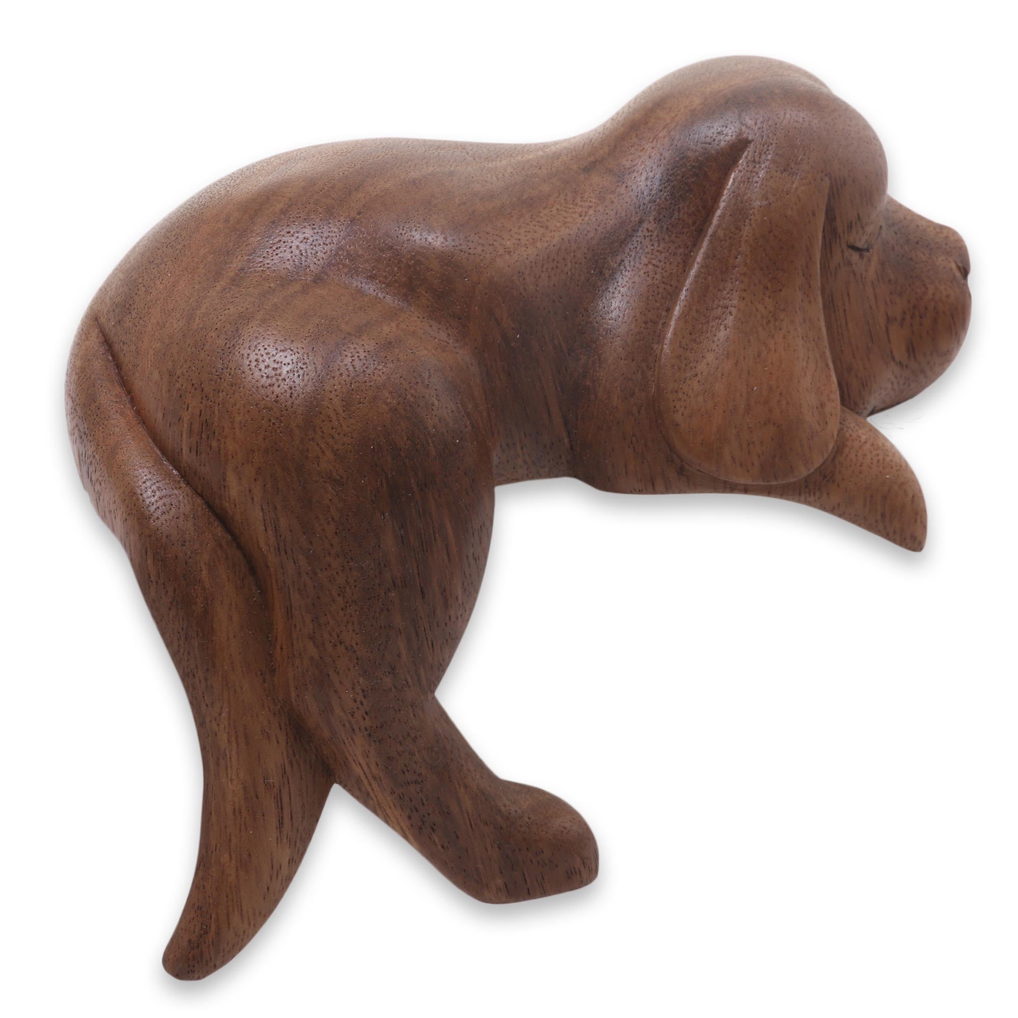 Premium Hand-Carved Sleeping Cocker Spaniel Puppy Wood Sculpture