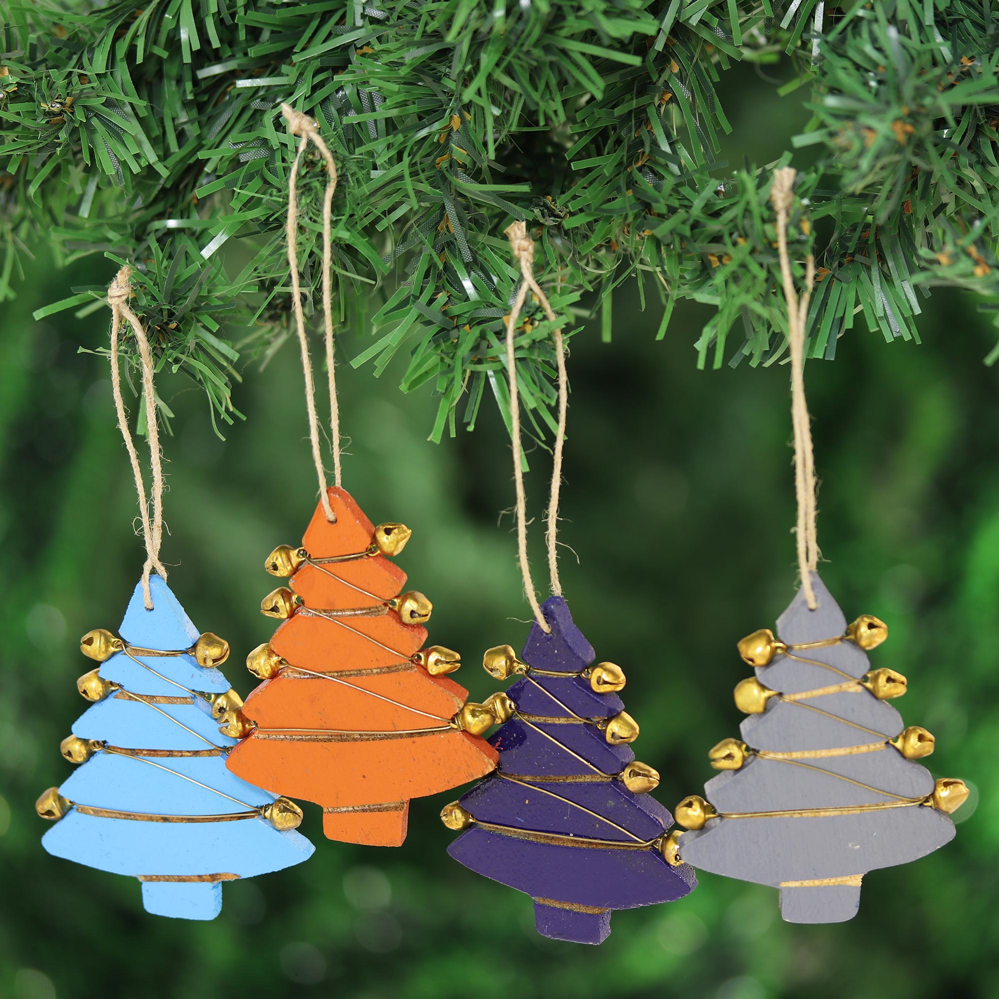 Premium Handcrafted Mango Wood Tree Ornaments with Jingling Bells (Set of 4)