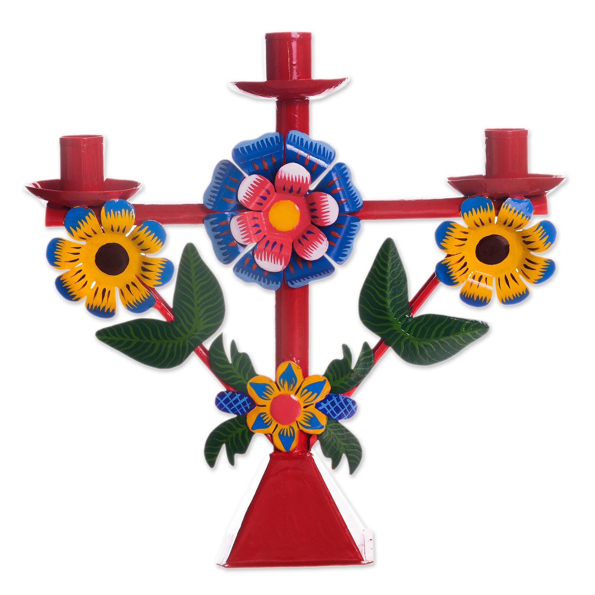 Premium Handcrafted Red Floral Recycled Metal Candelabra from Peru