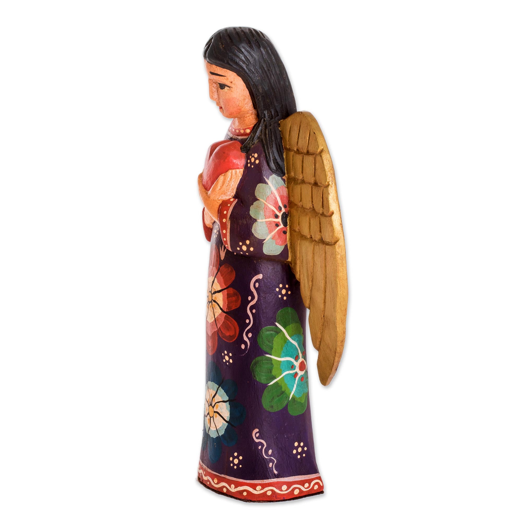 Premium Handcrafted Angel Sculpture - Floral Pinewood Art from Guatemala