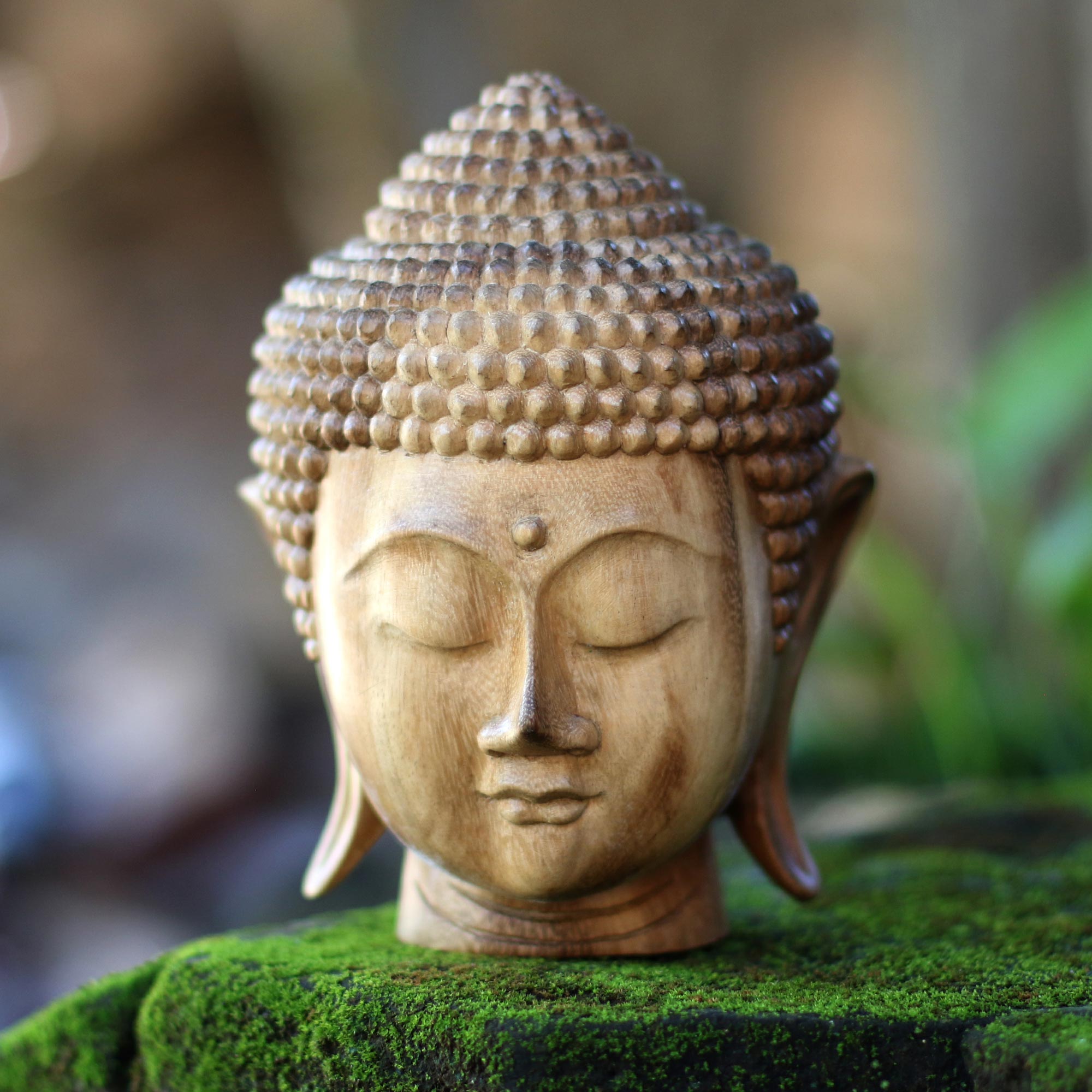 Premium Hand-Carved Suar Wood Buddha Head Sculpture - Serene Art from Bali