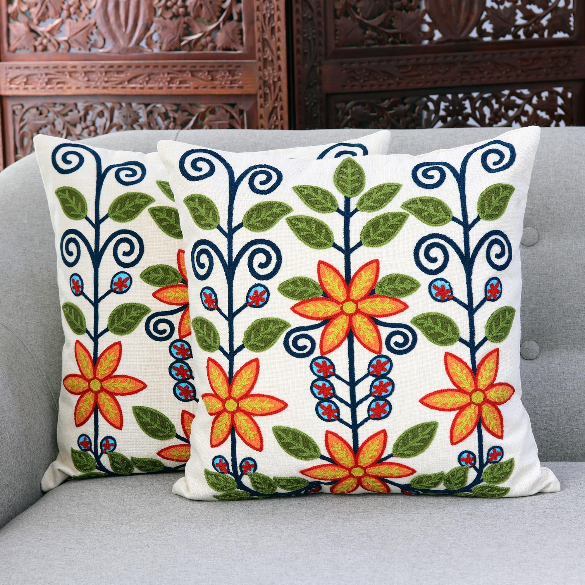 Premium Floral Embroidered Cotton Cushion Covers from India (Pair) - Upgrade Your Living Space