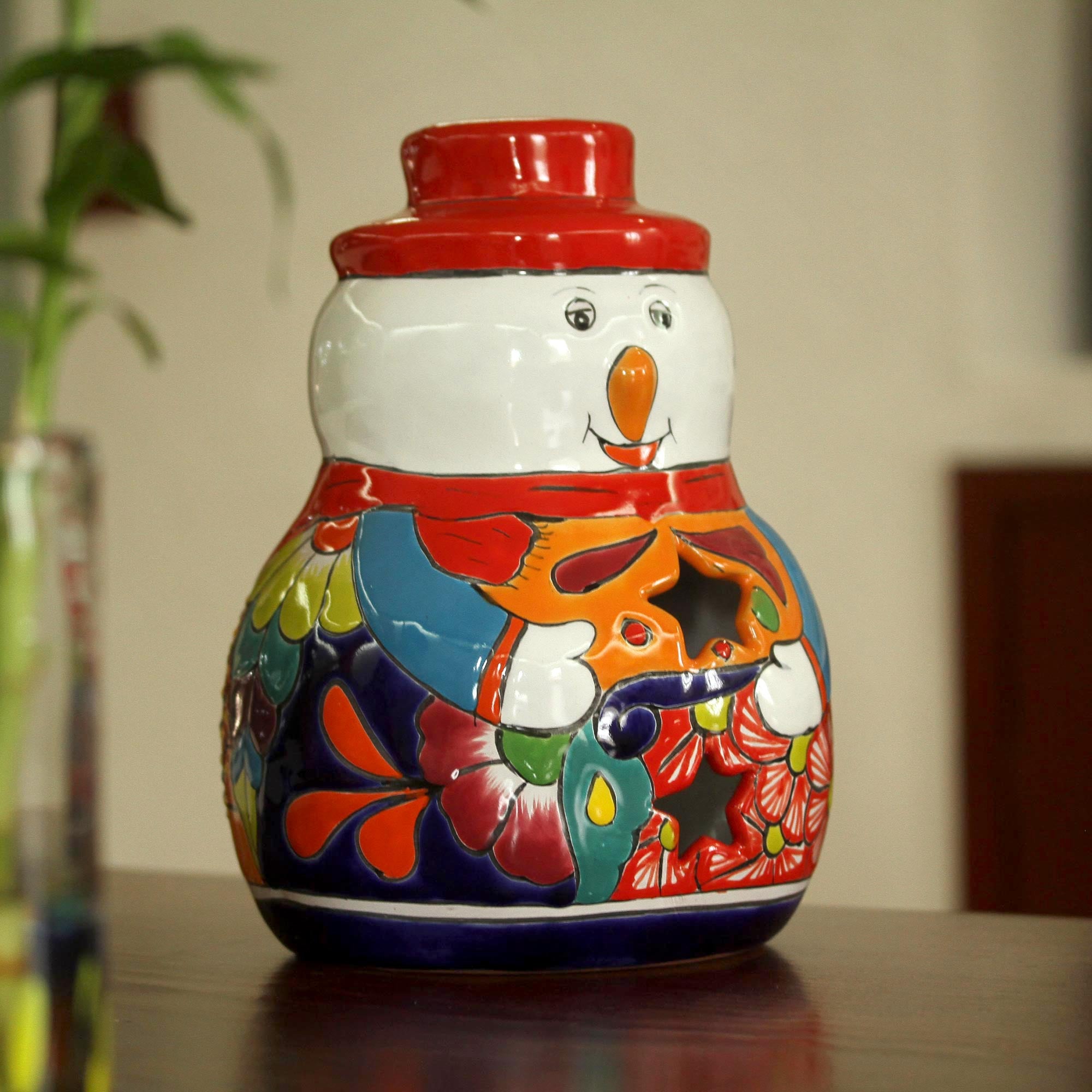 Premium Talavera Ceramic Snowman Candle Holder - Handcrafted Holiday Decor