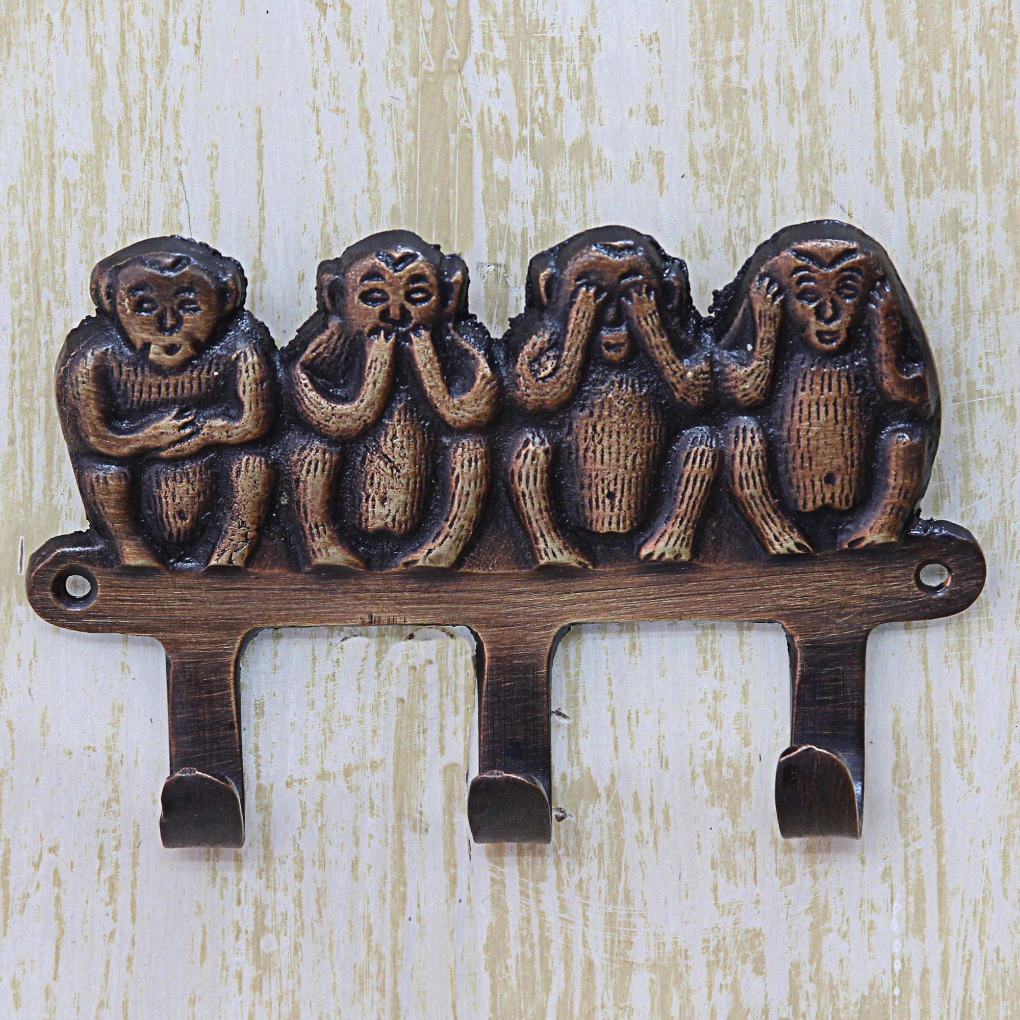 Premium Four Wise Monkeys Brass Key Holder - Handcrafted Artisan Decor from India