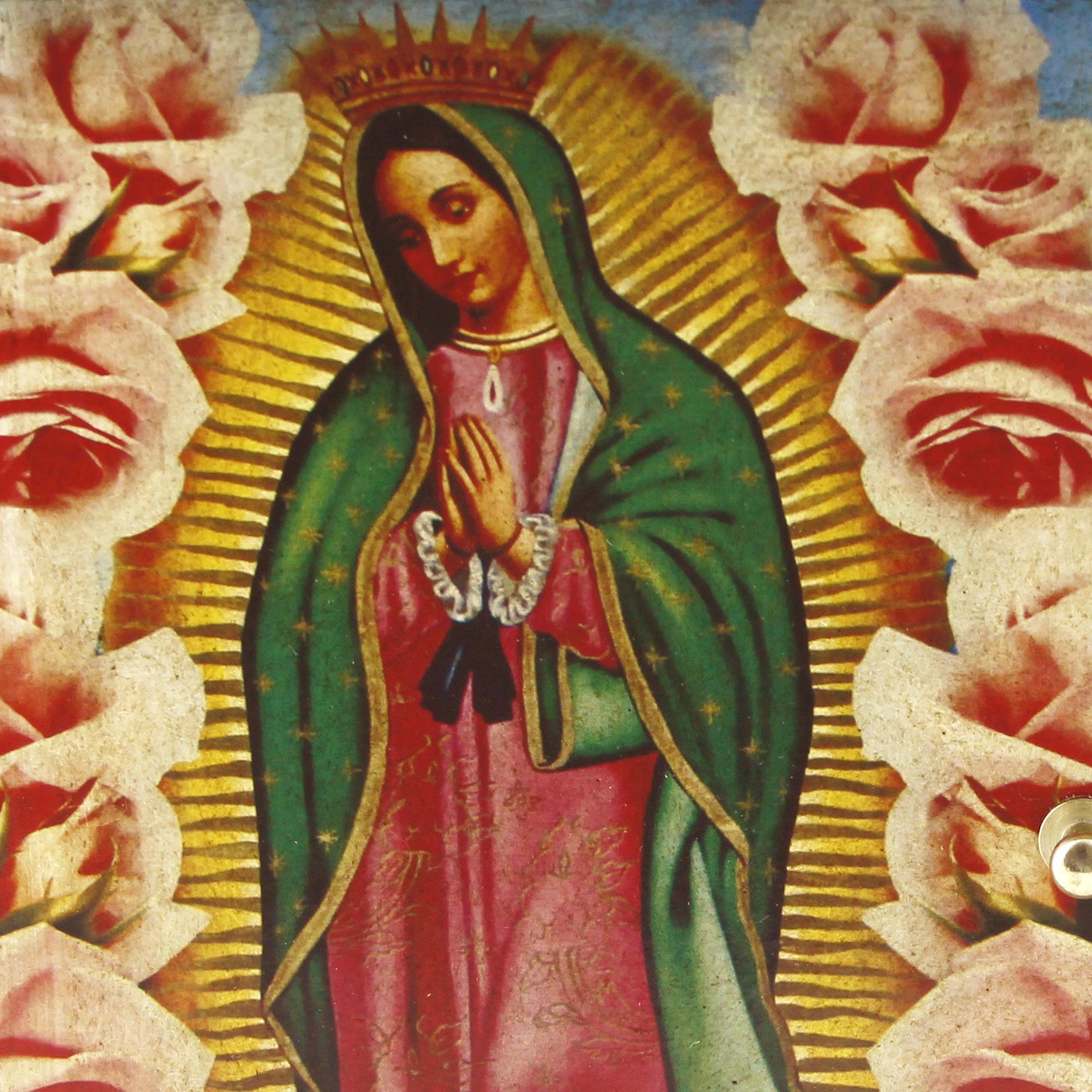 Premium Virgin of Guadalupe Decoupage Chest - Handcrafted Antique Design