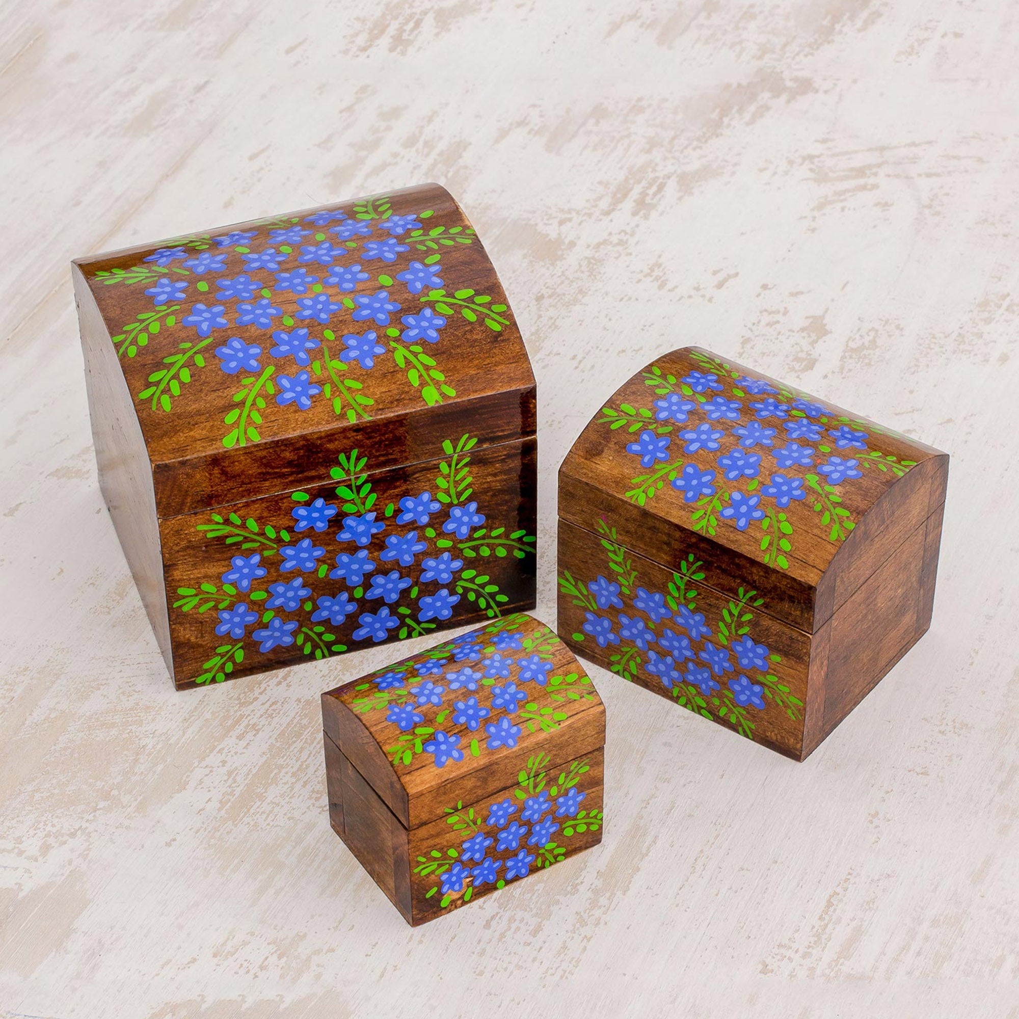 Premium Handcrafted Blue Floral Pinewood Treasure Box Set (3-Piece)