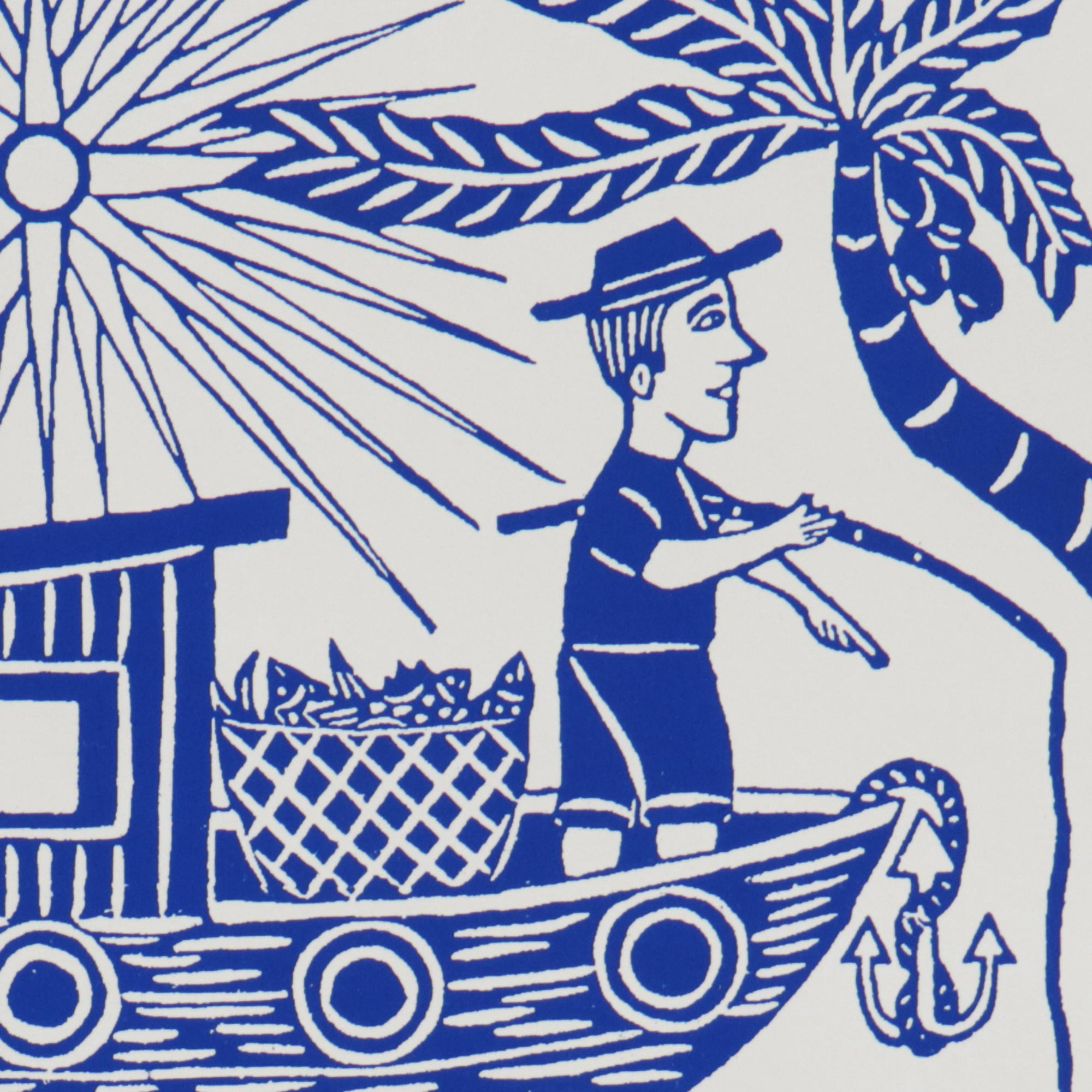 Premium Brazilian Woodcut Print: The Fisherman and Boat in Blue & White