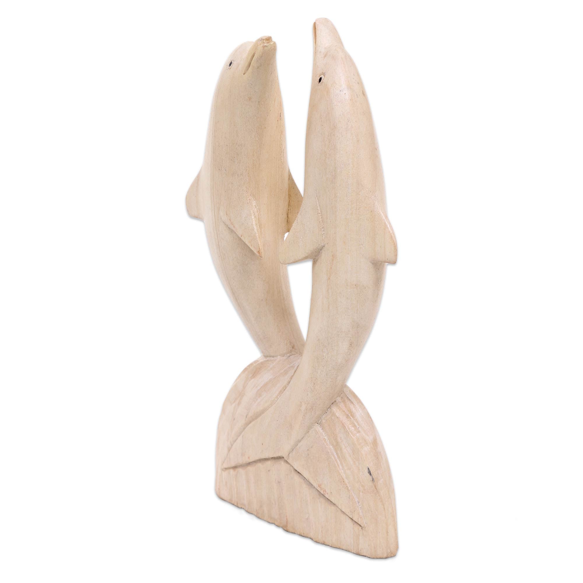 Premium Hand-Carved Hibiscus Wood Dolphin Statuette - Natural Finish