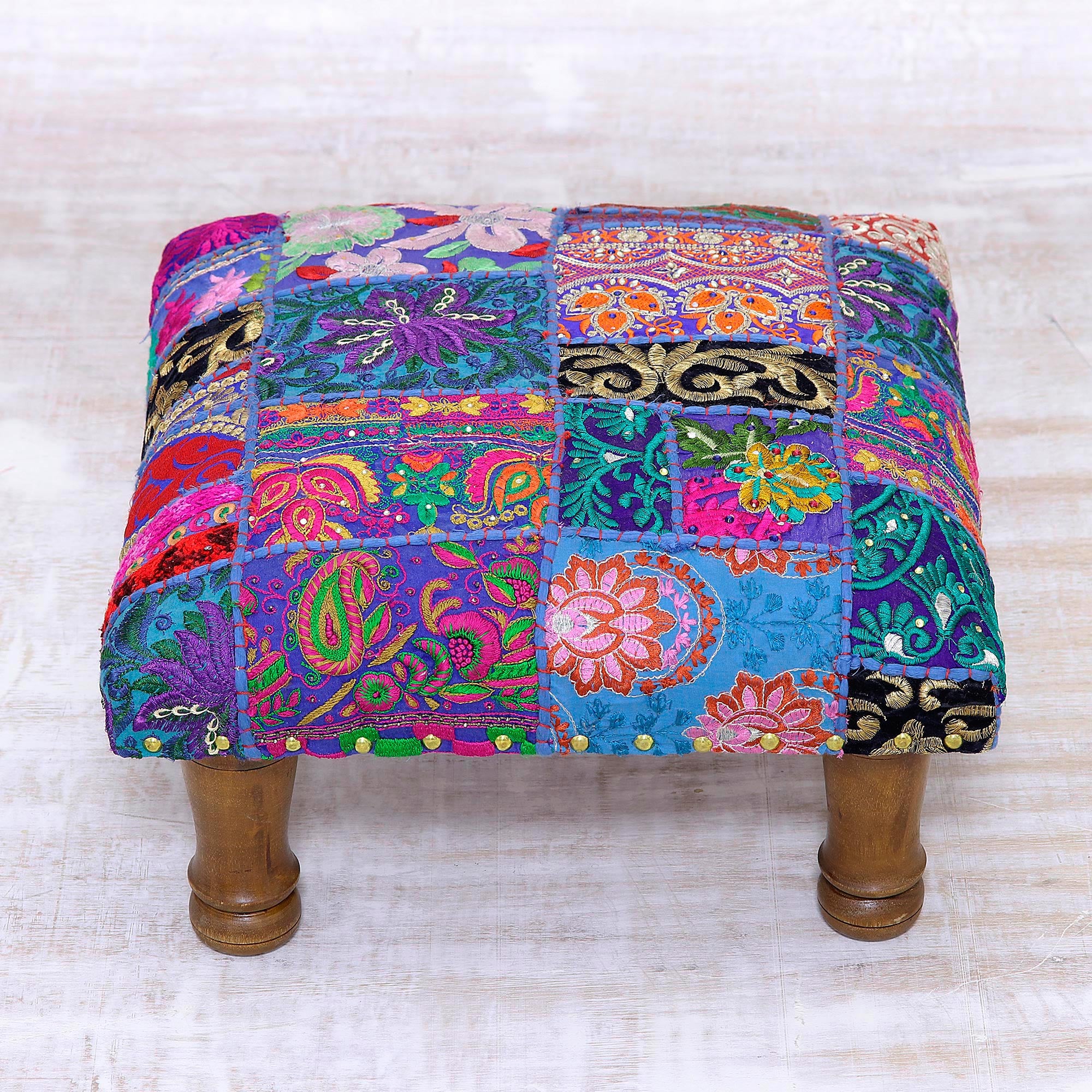 Premium Handcrafted Patchwork Ottoman Footstool - Rajasthani Artisan Design