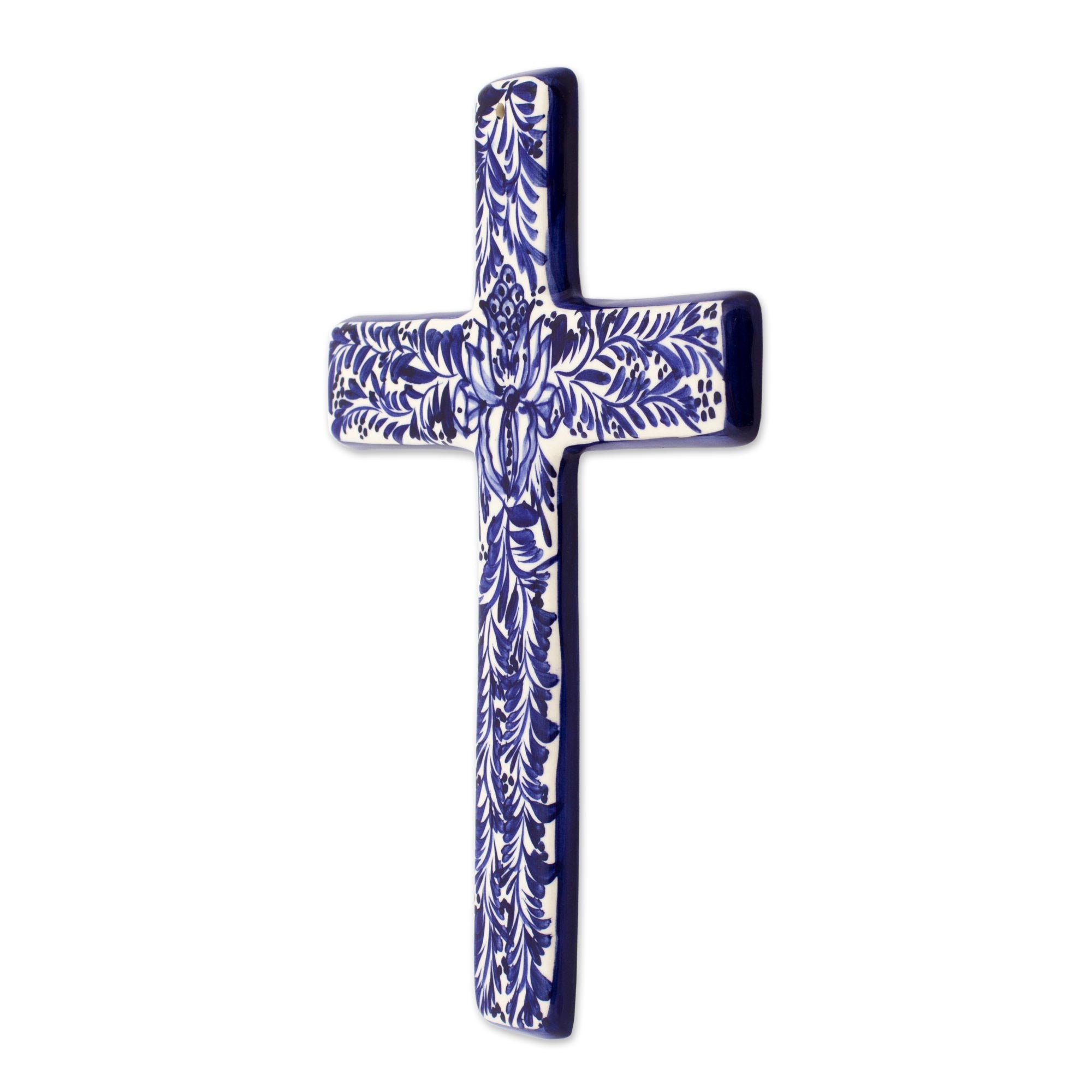 Premium Blue & Ivory Talavera Ceramic Wall Cross - Handcrafted Mexican Art