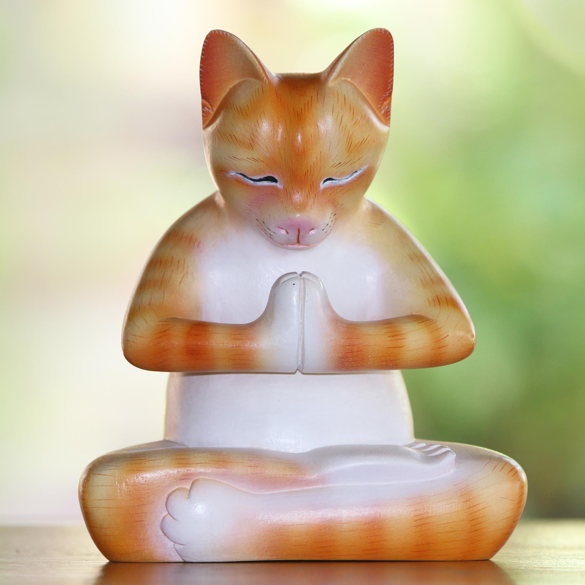 Premium Meditating Kitty Statue - Hand-Carved Suar Wood Cat Sculpture in Orange & White