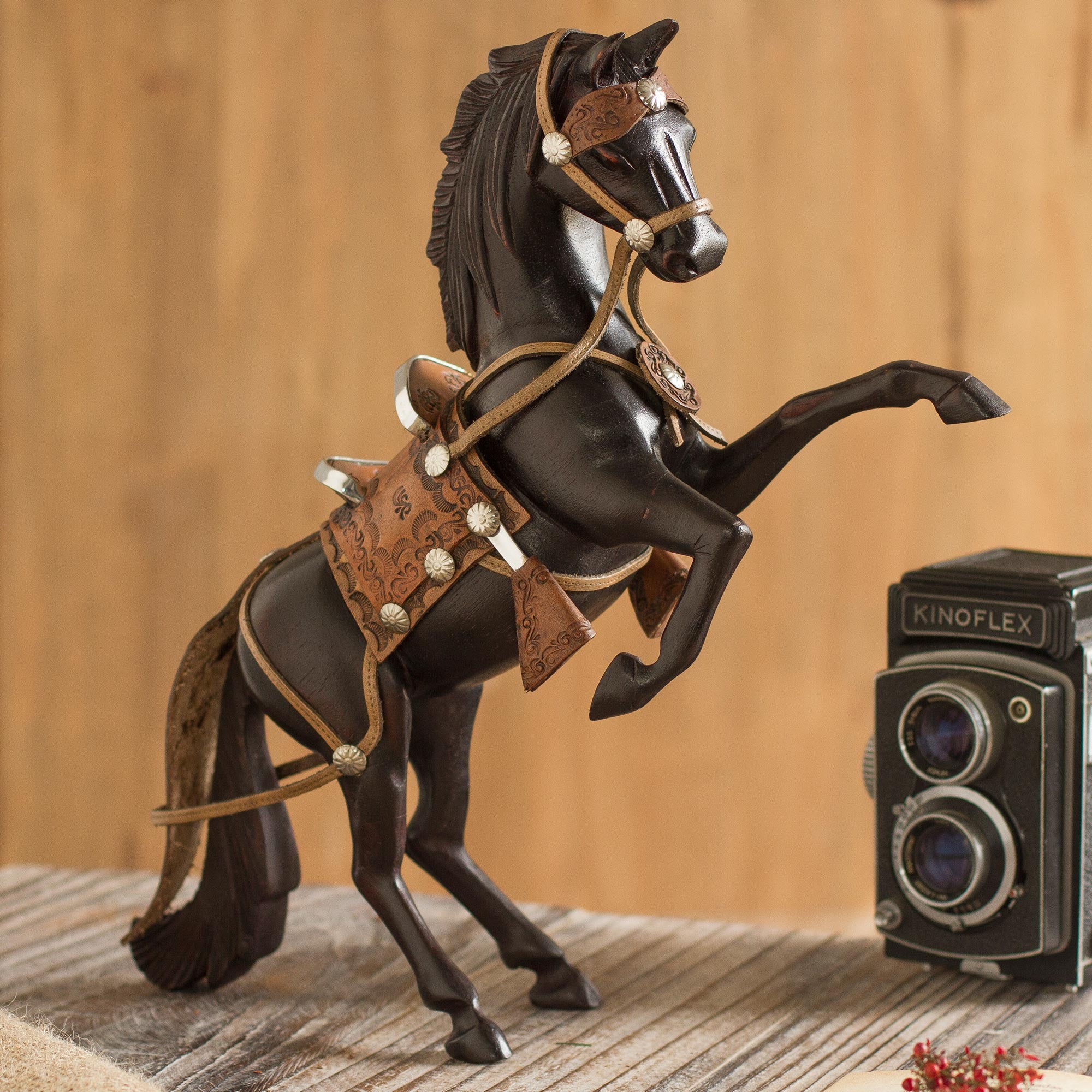 Premium Hand-Carved Cedar & Leather Horse Sculpture - Wild Elegance