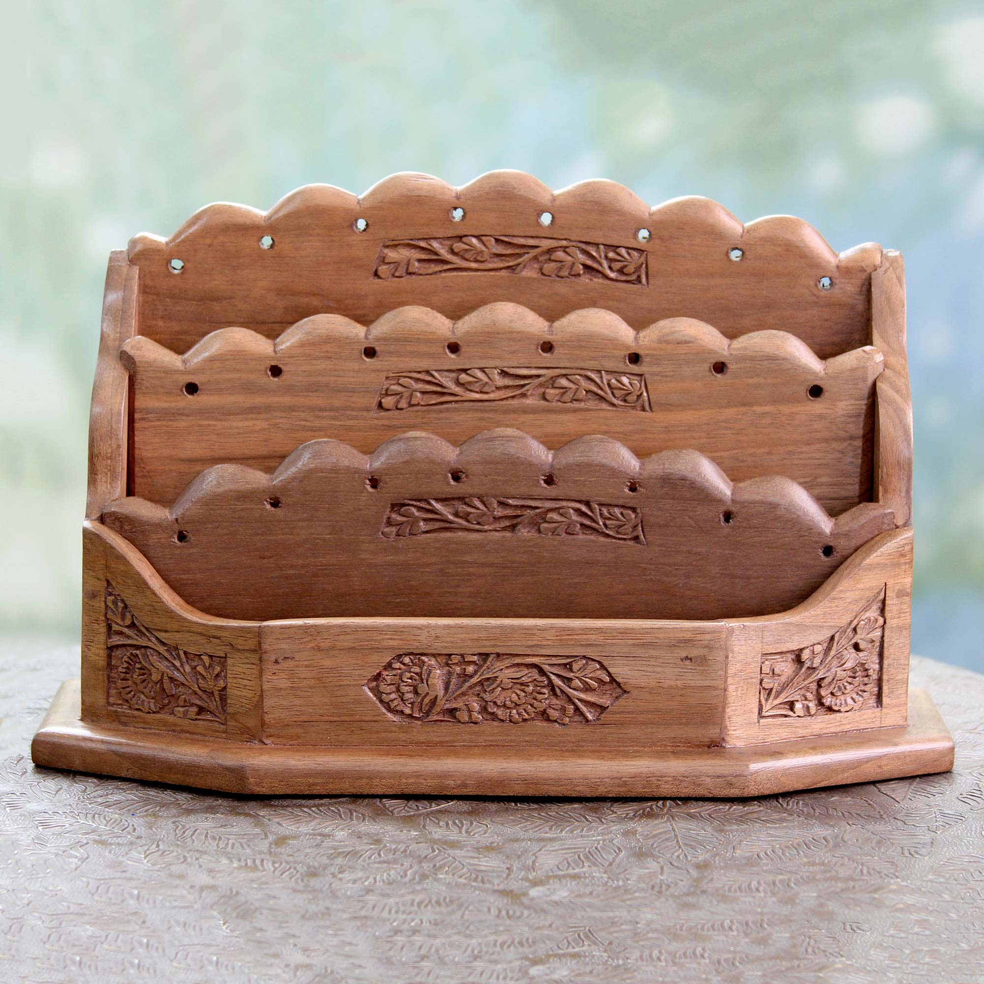 Premium Handcrafted Walnut Wood Letter Rack with Blooming Floral Design