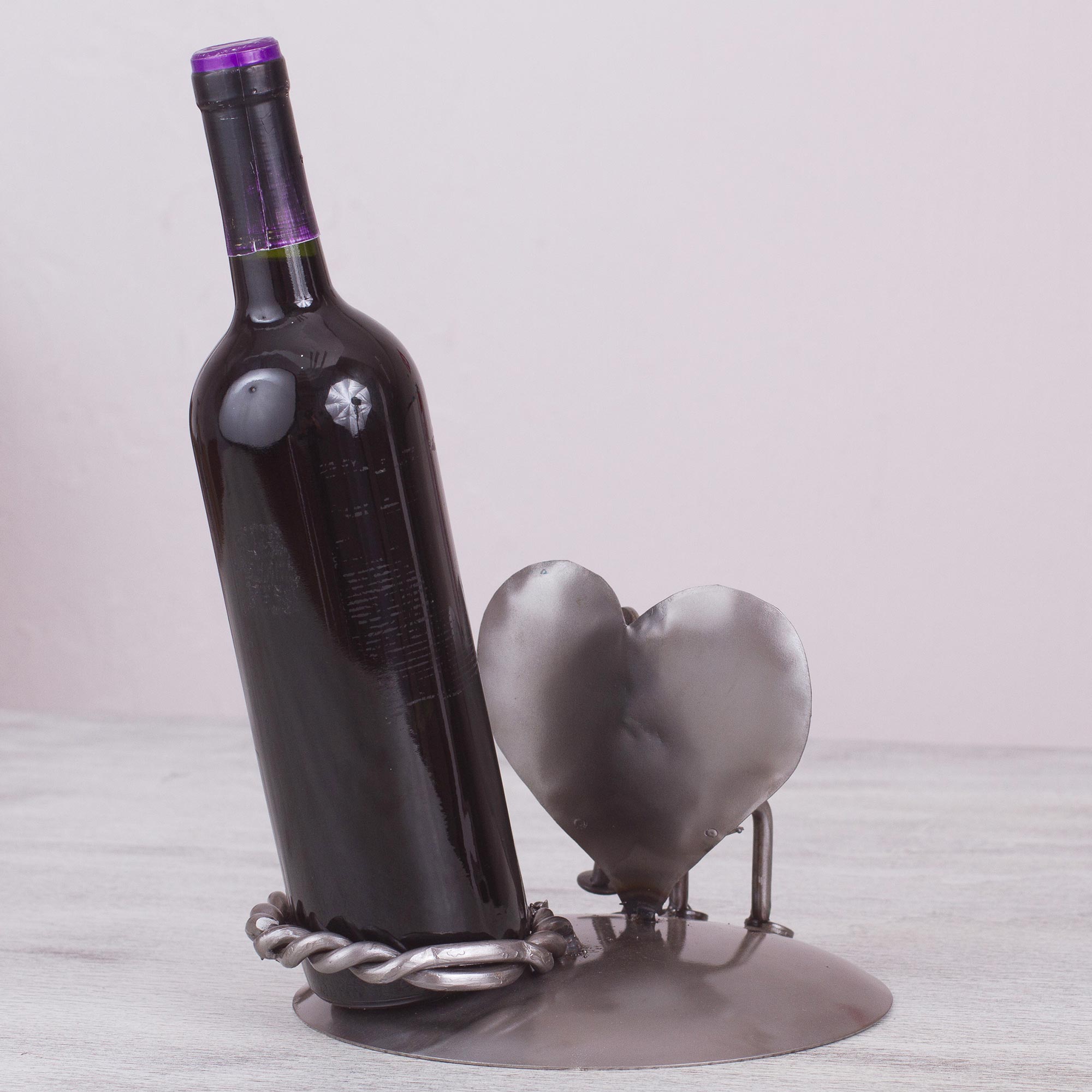 Premium Rustic Romance Wine Bottle Holder - Handcrafted Recycled Metal Sculpture from Mexico