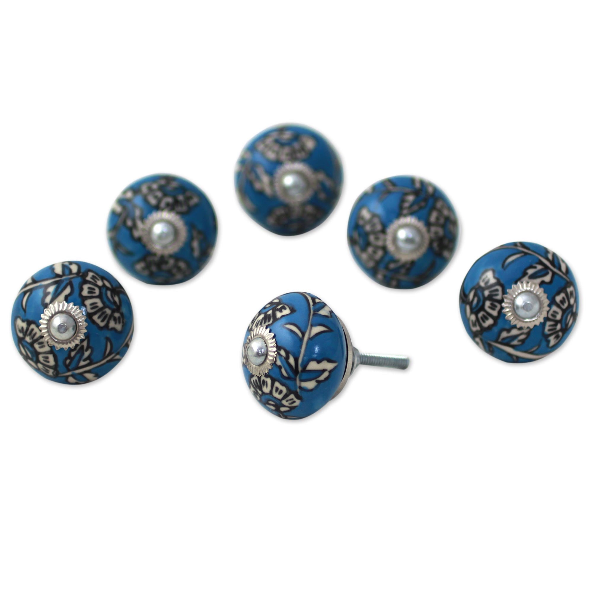 Premium Handcrafted Blue Floral Ceramic Cabinet Knobs - Set of 6