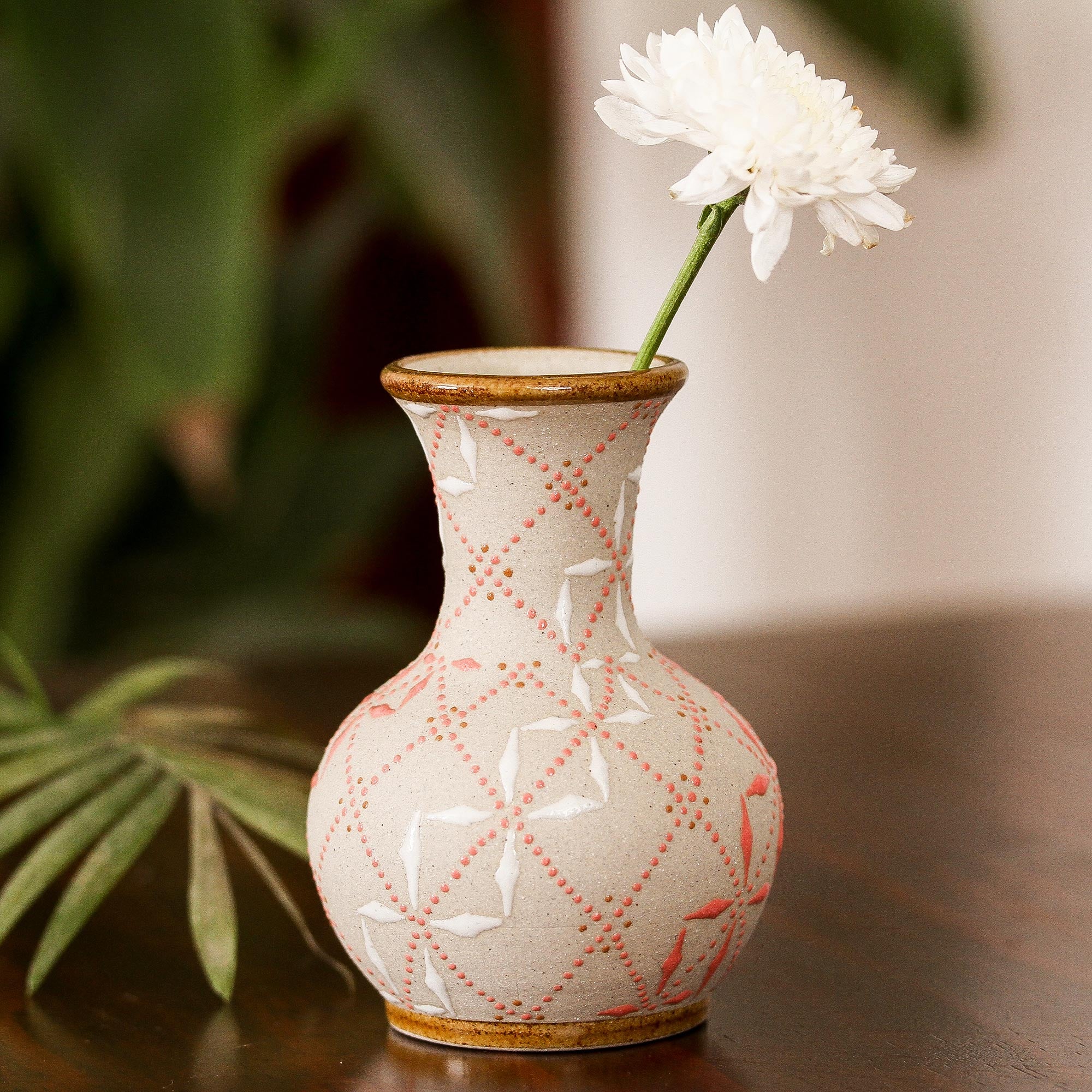Premium Talavera Ceramic Vase - Paprika Red & White Trellis Design