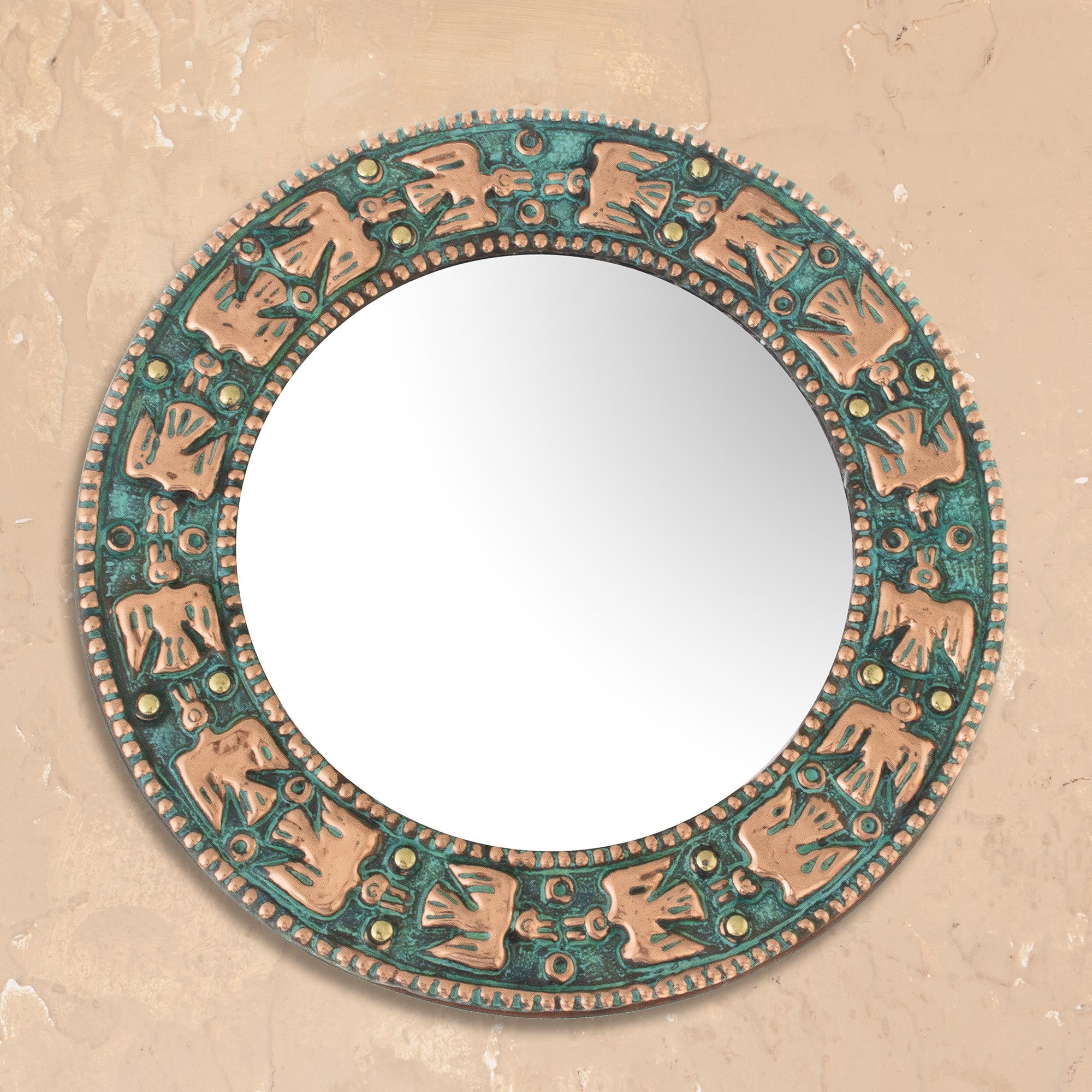 Premium Pre-Hispanic Copper Wall Mirror - Handcrafted Bird Motif Design from Peru