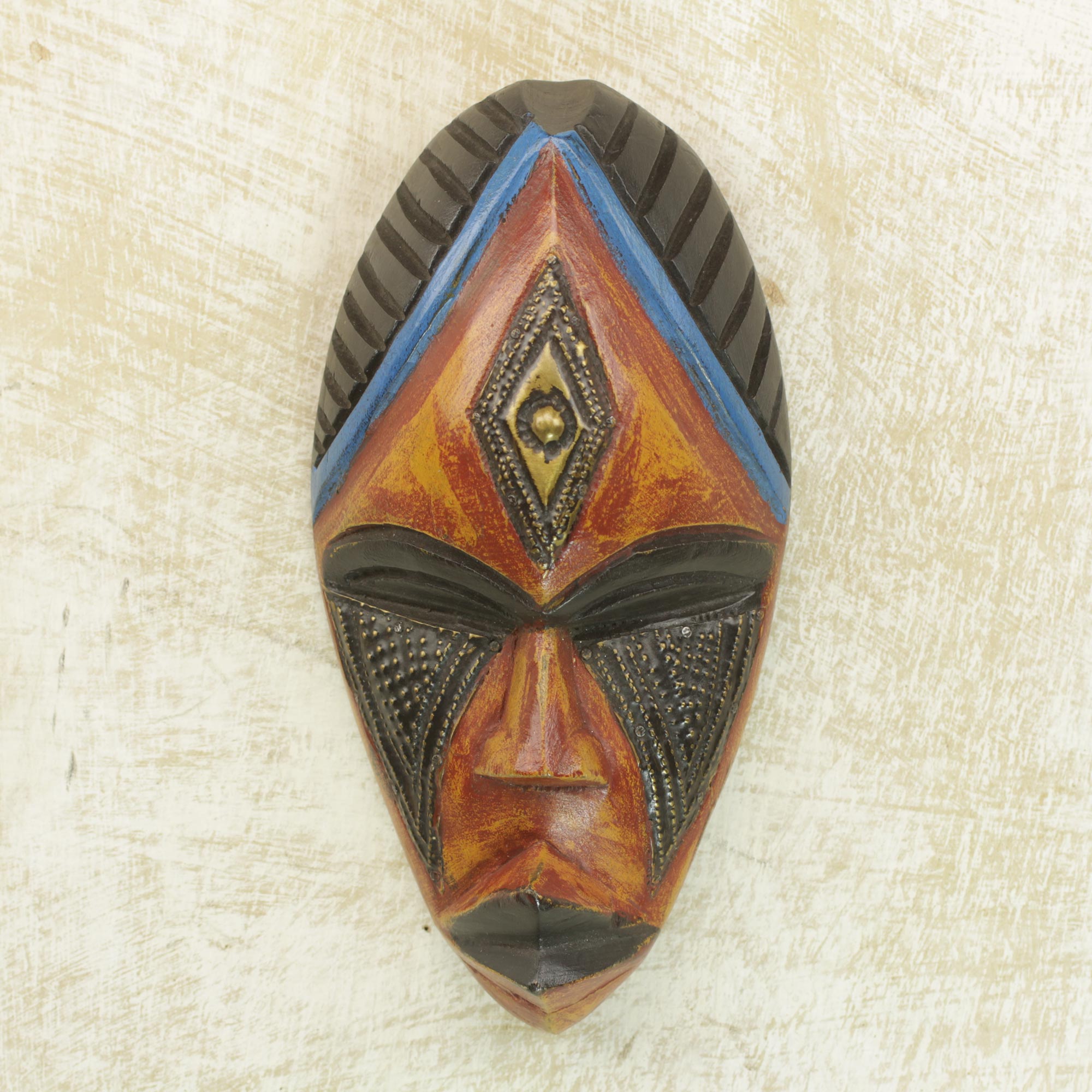 Premium Hand-Carved African Sese Wood Joy Mask with Brass Accents