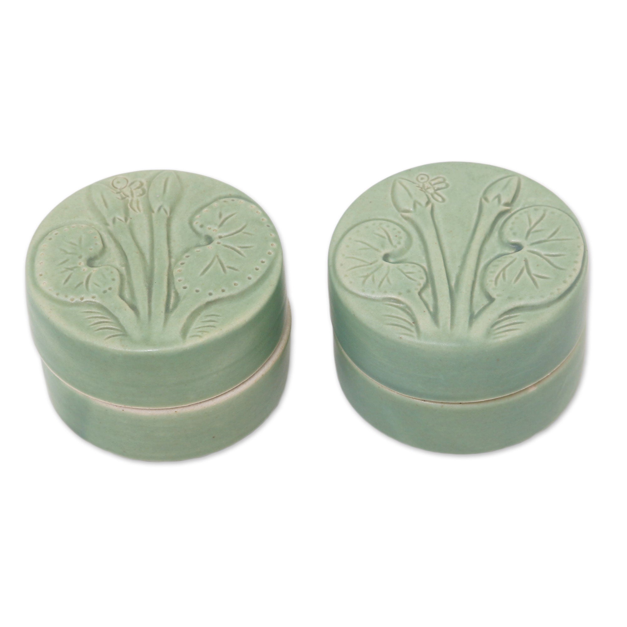 Premium Ceramic Lotus & Dragonfly Salt and Pepper Jars – Handcrafted Green Pair