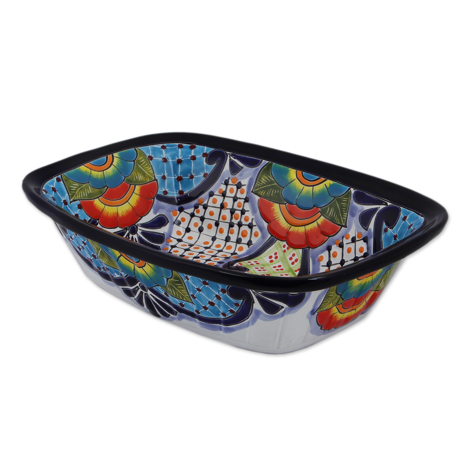 Premium Hand-Painted Talavera Ceramic Serving Bowl - Raining Flowers Design