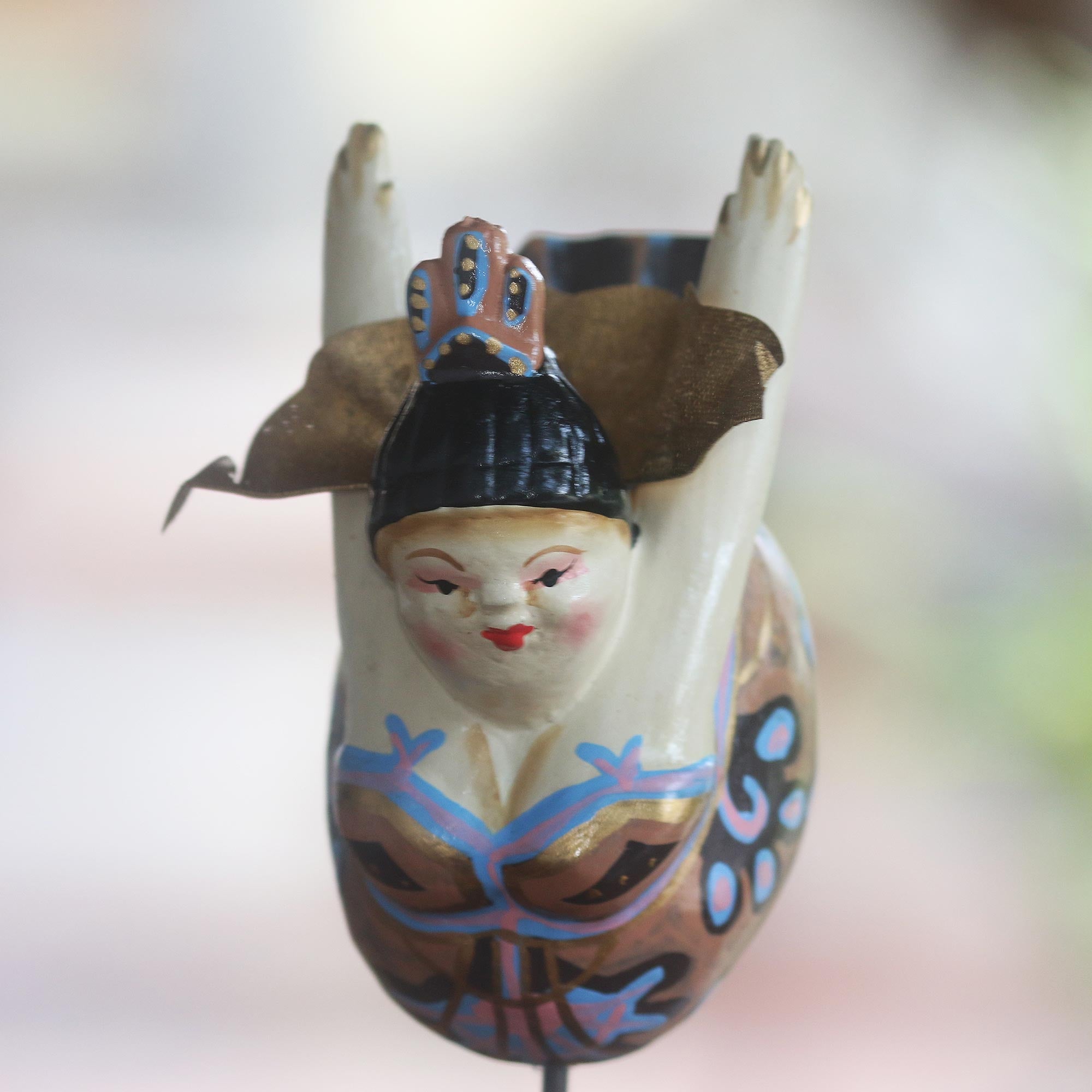 Premium Hand-Carved Peach Flying Lady Sculpture - Beige Albesia Wood Art from Indonesia